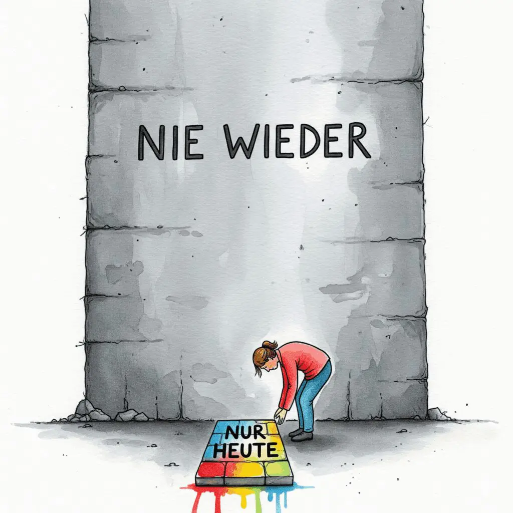 Eine Person legt einen bunten Stein mit der Aufschrift "NUR HEUTE" vor eine riesige graue Mauer mit der Aufschrift "NIE WIEDER", als Symbol für das "Ein Tag nach dem anderen"-Prinzip.