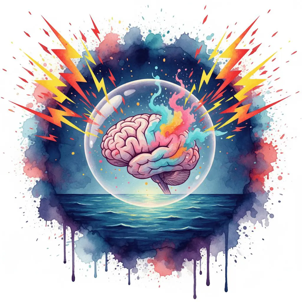 Künstlerische Darstellung eines Gehirns im Floating-Tank, das von äußeren Reizen abgeschirmt ist und beginnt, eigene Bilder zu produzieren.