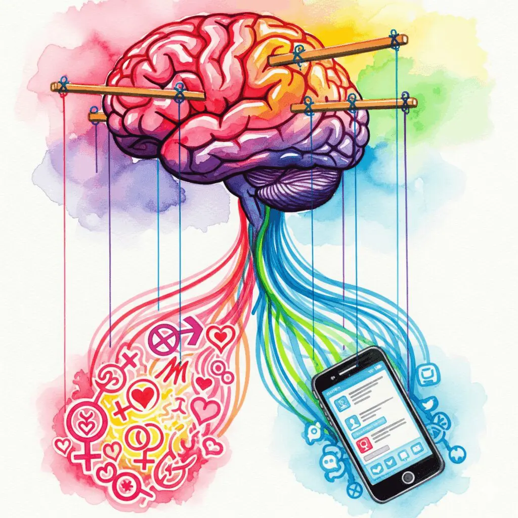 Künstlerische Darstellung, wie Amphetamine und Dopamin das Gehirn kapern und zu zwanghaftem sexuellen Verhalten führen.