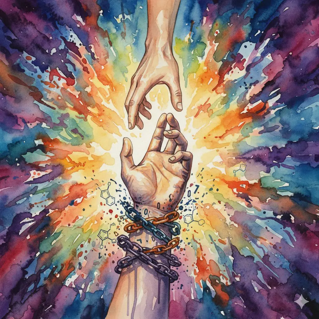 Symbolische Darstellung von Hilfe und Recovery bei Sexsucht, bei der eine helfende Hand die Ketten des Zwangs löst.