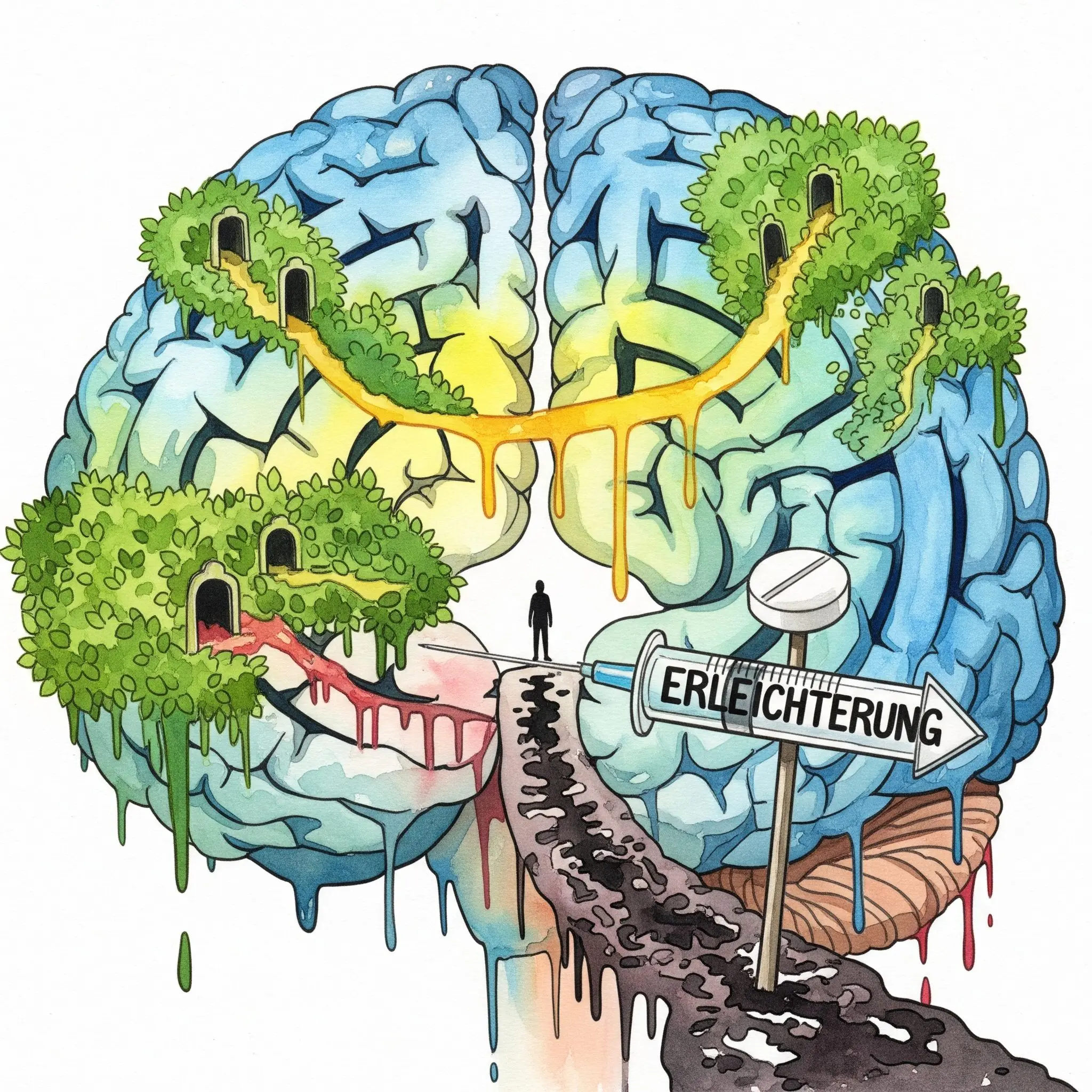 Ein Gehirn als Labyrinth, in dem ein Drogen-Wegweiser in die falsche Richtung zeigt, als Symbol für die erlernten, schädlichen Verknüpfungen im Suchthirn.