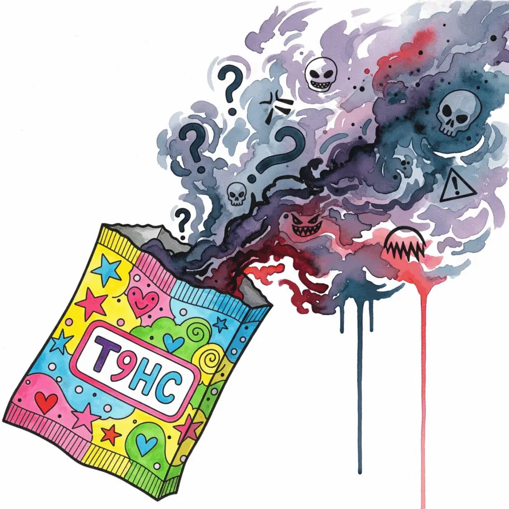 Künstlerische Darstellung der unbekannten Gefahr von "Legal Highs" wie T9HC, bei der aus einer bunten Verpackung eine bedrohliche Wolke entweicht.