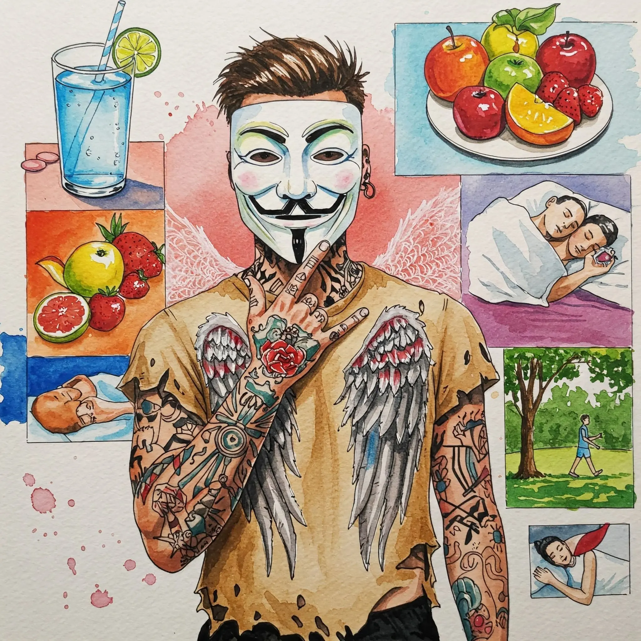 Collage oder Einzelbilder von gesunden Dingen: Glas Wasser, Obstteller, jemand schläft friedlich, Person beim Spaziergang im Park.
Keywords: Selbstfürsorge, Gesundes Essen, Wasser trinken, Ausreichend Schlaf, Erholung nach Party, Spaziergang Natur