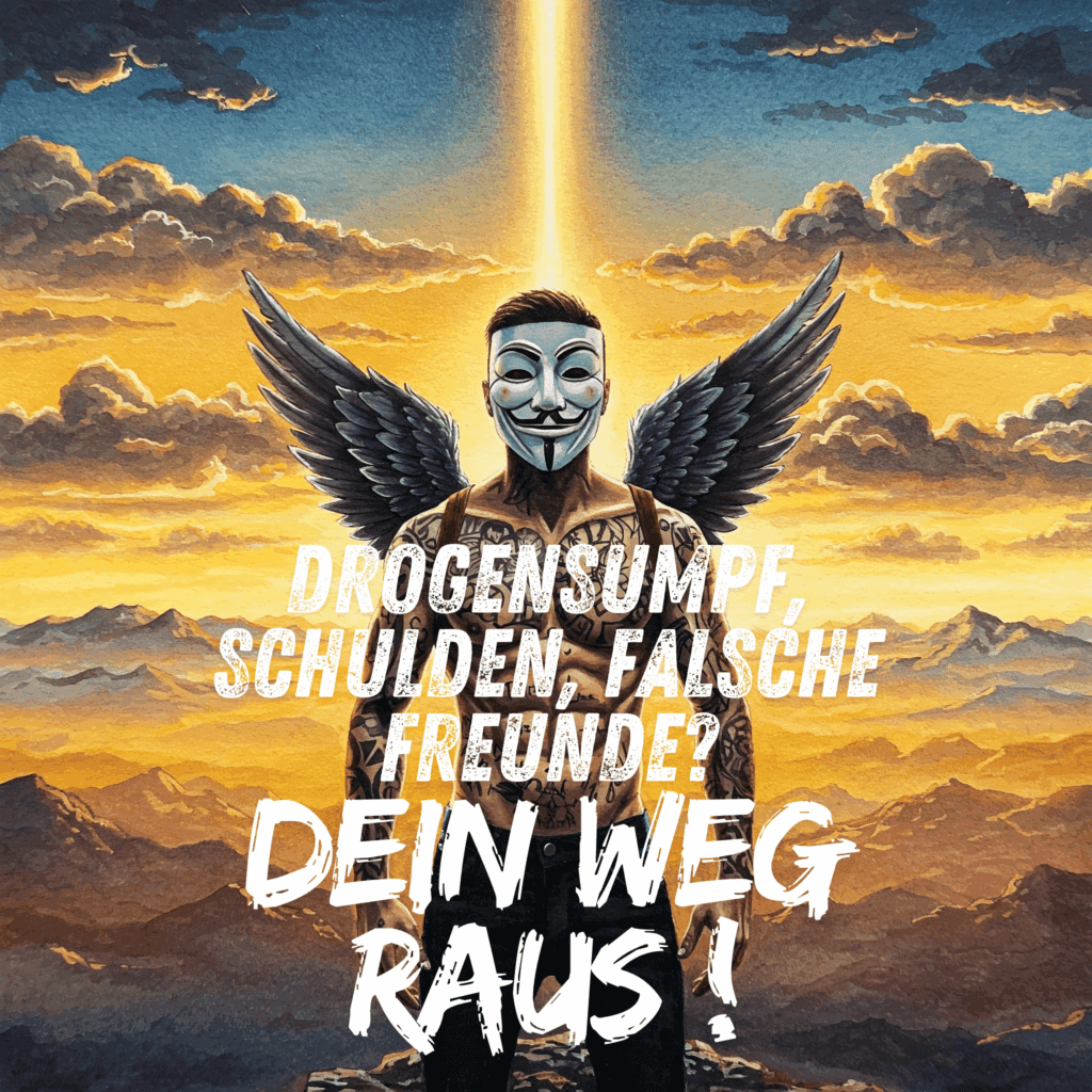 Bild in bunten lebendigen / realistischen Watercolor Farben. Ein sportlicher Mann mit Anonymous Maske. Er ist tätowiert,  hat schwarze und weiße lackierte Fingernägel und einen zerfranztes Hemd und Engelsflügel auf dem Rücken.  Ein Bild, das Ziel und Zukunft symbolisiert. Ein Mensch, der auf einem Berg steht und in die Ferne blickt, ein Weg, der in eine sonnige Landschaft führt, oder eine Pflanze, die aus trockenem Boden wächst. Keywords: Zukunft, Neuanfang, Freiheit, Leben ohne Drogen, Ziel erreichen, Perspektive, Vorbilder
