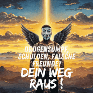 Bild in bunten lebendigen / realistischen Watercolor Farben. Ein sportlicher Mann mit Anonymous Maske. Er ist tätowiert,  hat schwarze und weiße lackierte Fingernägel und einen zerfranztes Hemd und Engelsflügel auf dem Rücken.  Ein Bild, das Ziel und Zukunft symbolisiert. Ein Mensch, der auf einem Berg steht und in die Ferne blickt, ein Weg, der in eine sonnige Landschaft führt, oder eine Pflanze, die aus trockenem Boden wächst. Keywords: Zukunft, Neuanfang, Freiheit, Leben ohne Drogen, Ziel erreichen, Perspektive, Vorbilder