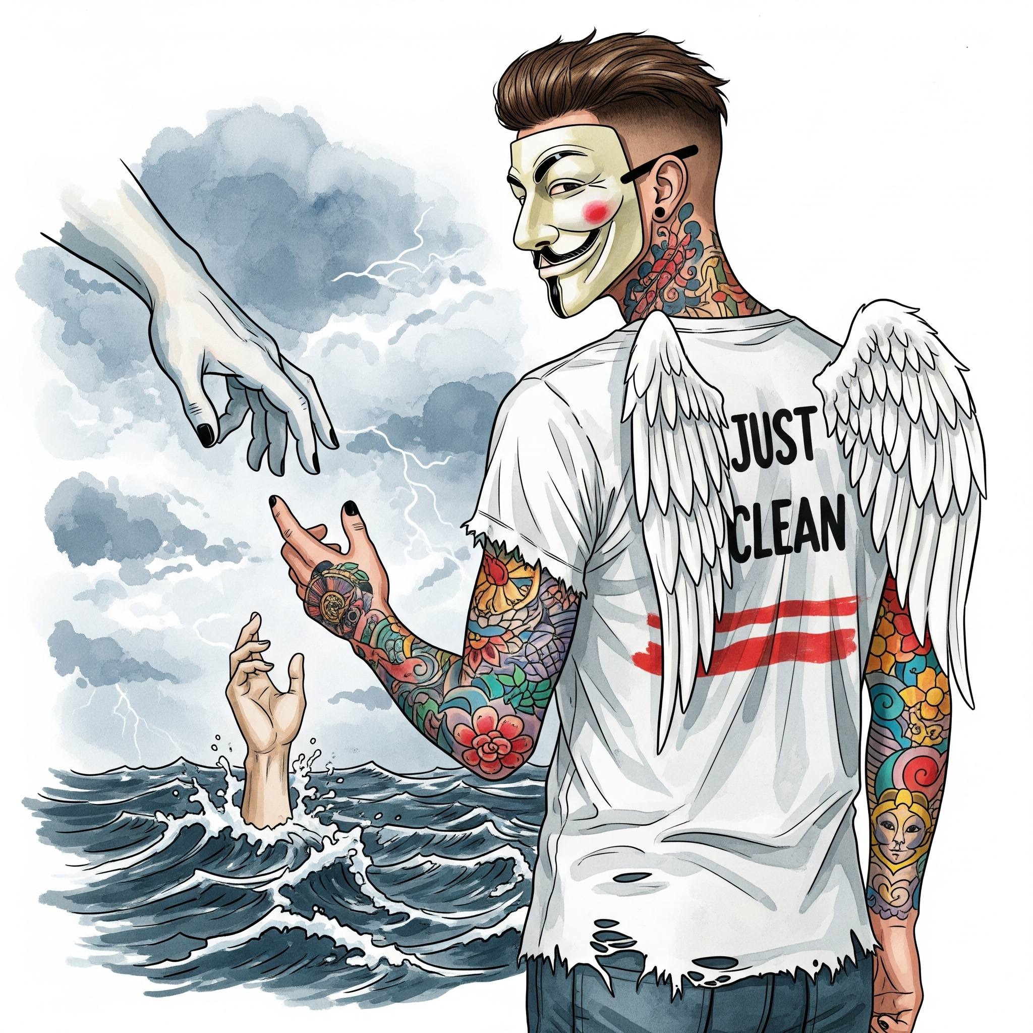 Eine Hand, die einer anderen Hand aus einem dunklen, stürmischen Wasser hilft. Die Geste ist rettend und hoffnungsvoll. Symbolisiert das Annehmen von professioneller Hilfe. "Hilfe bei Selbstverletzung", "Unterstützung in der Krise", "Weg zur Heilung"
