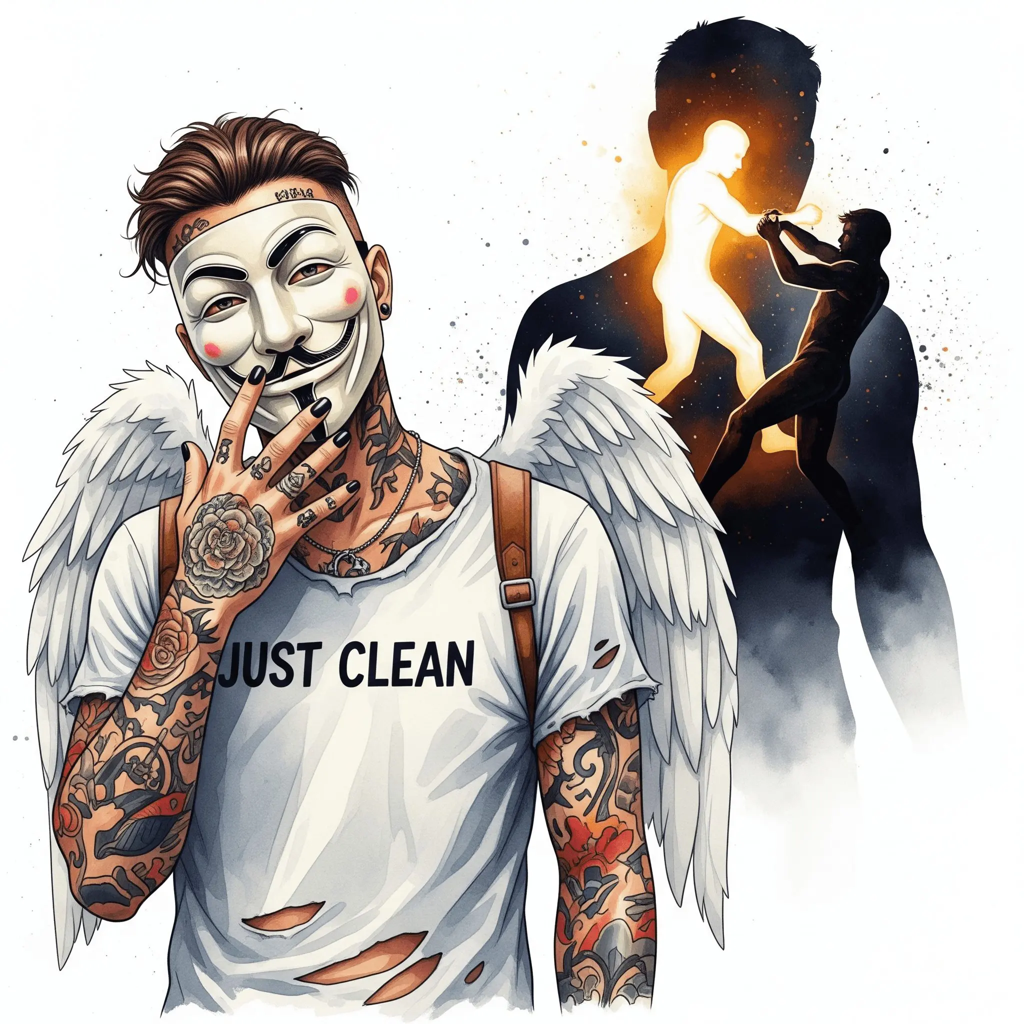 Eine Grafik von zwei Figuren, die in einer menschlichen Silhouette miteinander ringen oder kämpfen. Eine Figur ist hell und leuchtend, die andere dunkel und schattenhaft. Symbolisiert den inneren Krieg. "innerer Kampf Sucht", "Krieg im Kopf", "Recovery Prozess"