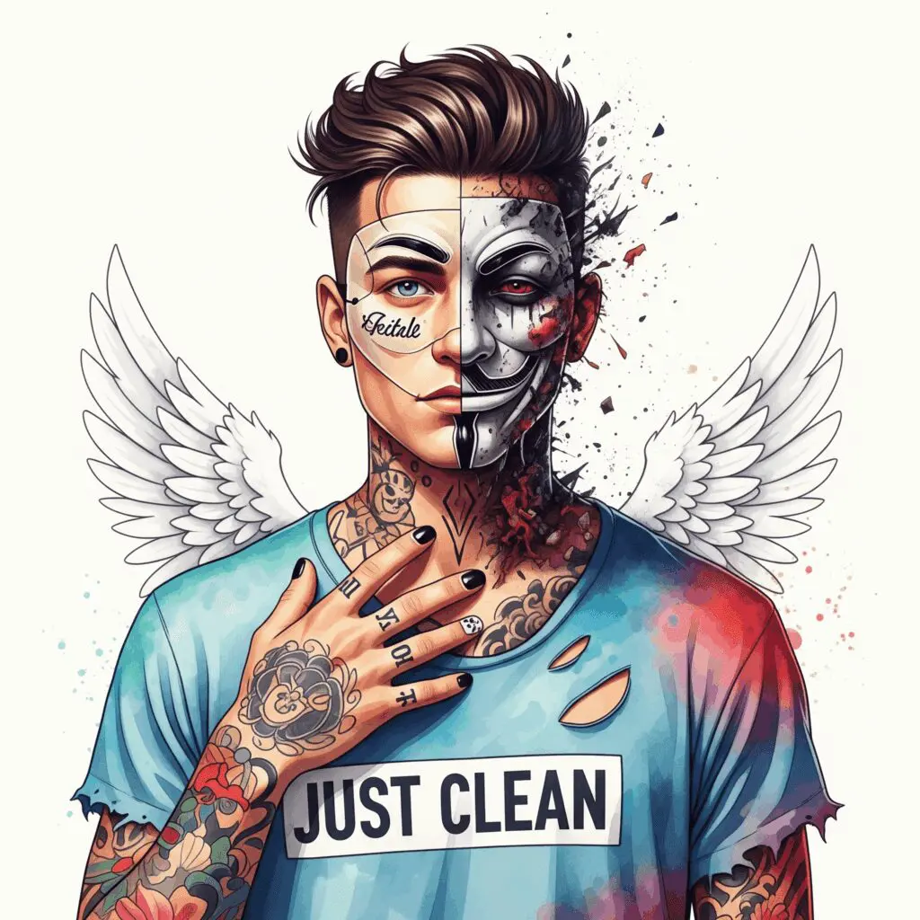 Ein stilisiertes "Split-Face"-Bild. Die eine Gesichtshälfte ist klar, ruhig und schaut nach vorne. Die andere Hälfte ist chaotisch, düster oder fragmentiert. Symbolisiert die zwei Persönlichkeiten "gespaltene Persönlichkeit Sucht", "innerer Konflikt", "Sucht und Identität"