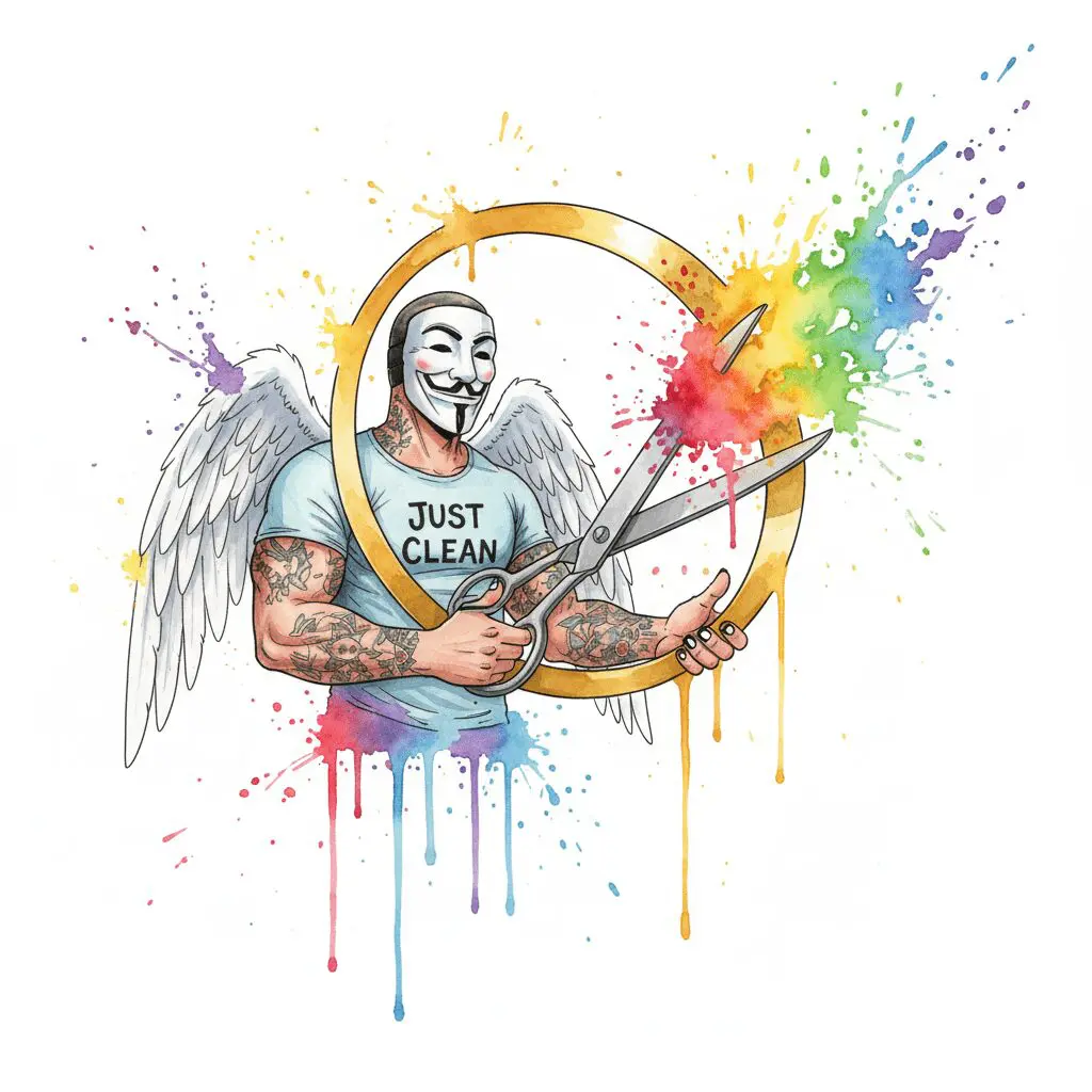 NeelixberliN-Figur mit Anonymous-Maske und Engelsflügeln zerschneidet eine goldene Kreditkarte, Symbol für die Befreiung aus der Kaufsucht.