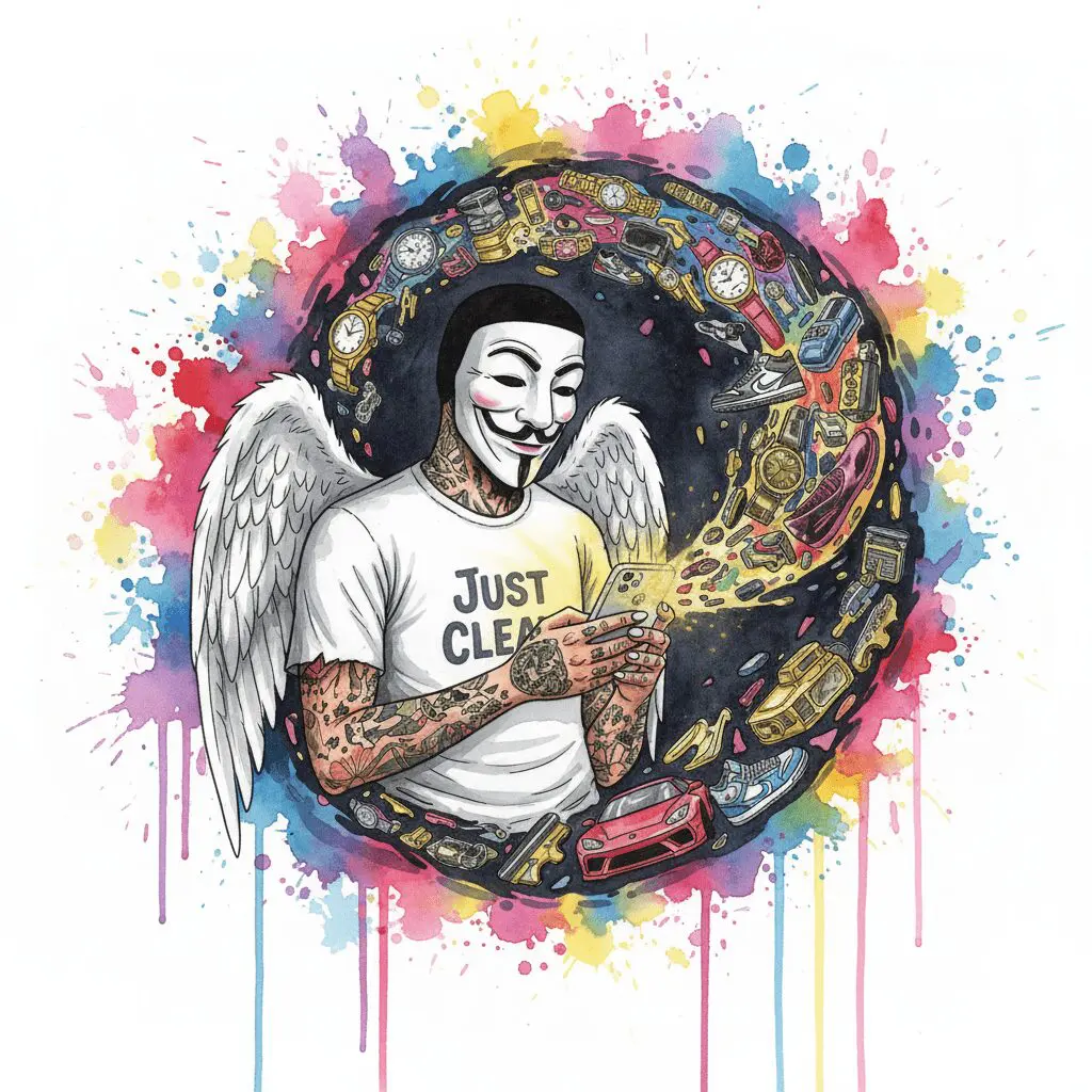 NeelixberliN-Figur mit Anonymous-Maske wird von einem Strudel aus Luxusgütern aus einem Smartphone eingesaugt, Symbol für Social-Media-Druck und Kaufsucht.