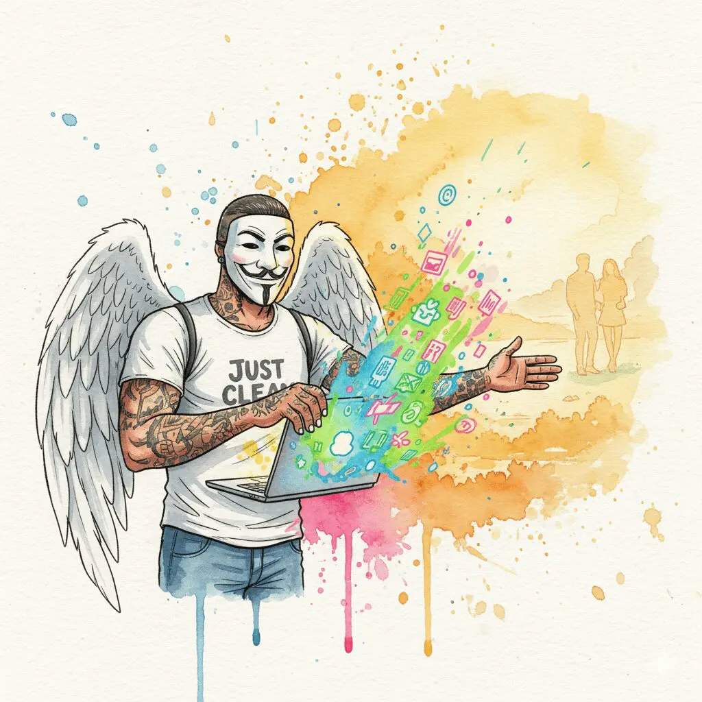 NeelixberliN-Figur mit Anonymous-Maske schließt einen Laptop, um sich von der Pornosucht zu befreien und sich der realen Welt zuzuwenden.