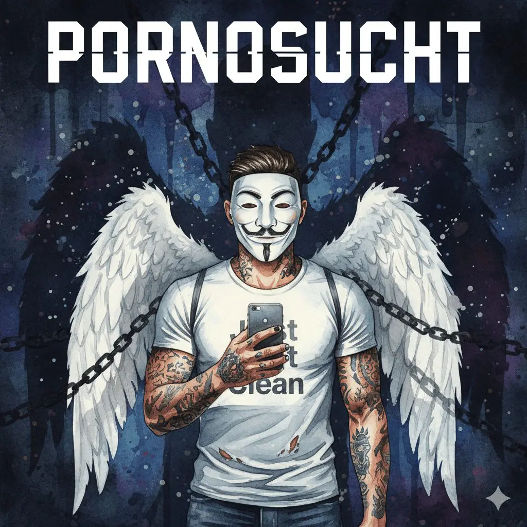 Titelbild zum Thema Pornosucht mit der NeelixberliN-Figur (Anonymous-Maske, Engelsflügel, "Just Clean"-Shirt). Die Figur wird von einem hellen Bildschirmlicht gefesselt, das dunkle Schatten-Ketten hinter ihr wirft, um die Verhaltenssucht zu symbolisieren. Oben steht der Titel "PORNOSUCHT".