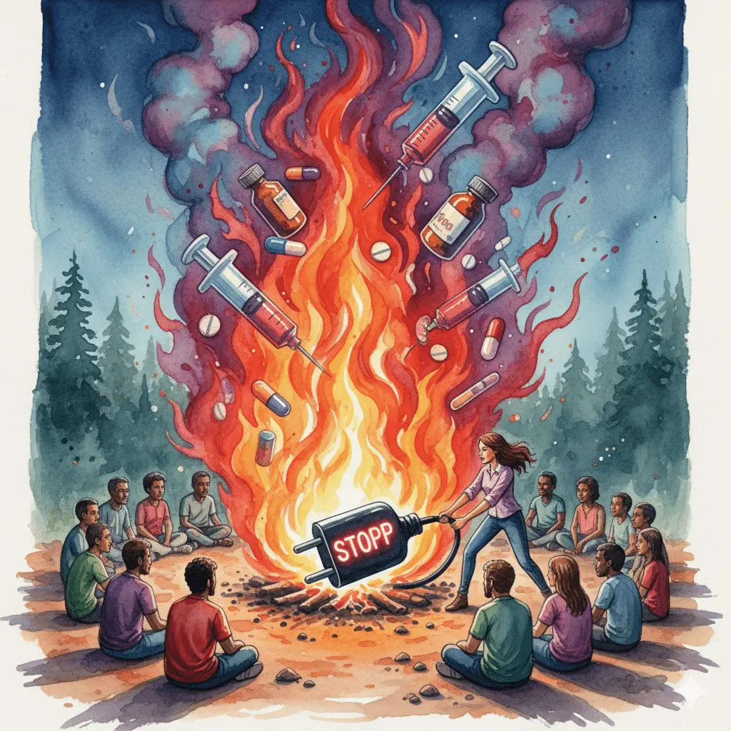 Eine Person zieht den Stecker eines Feuers aus Drogensymbolen, als Symbol für das aktive Unterbrechen von Heißreden in einer Gruppe.