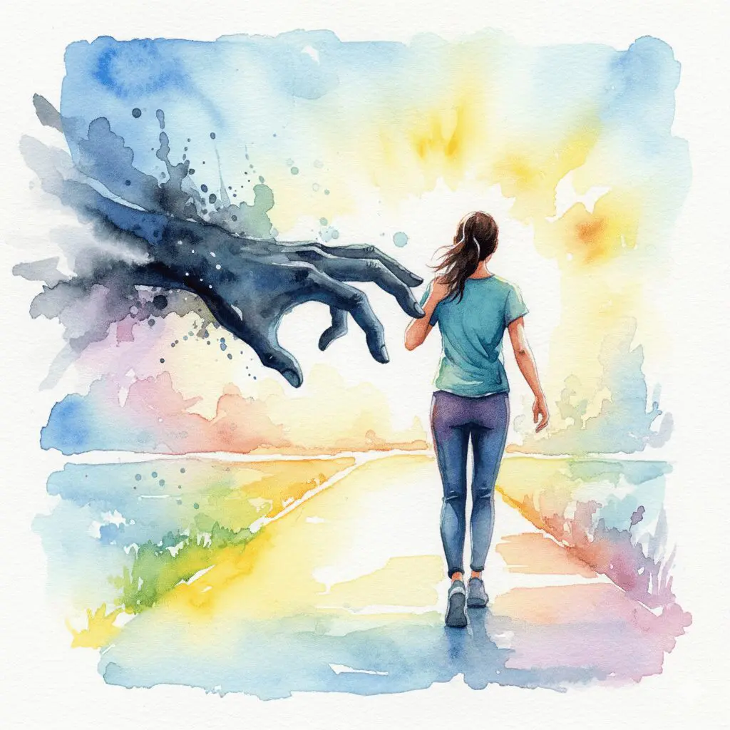 Eine Person schüttelt eine geisterhafte Hand der Vergangenheit ab, als Symbol für das Loslassen von alten Drogen-Geschichten in der Recovery.