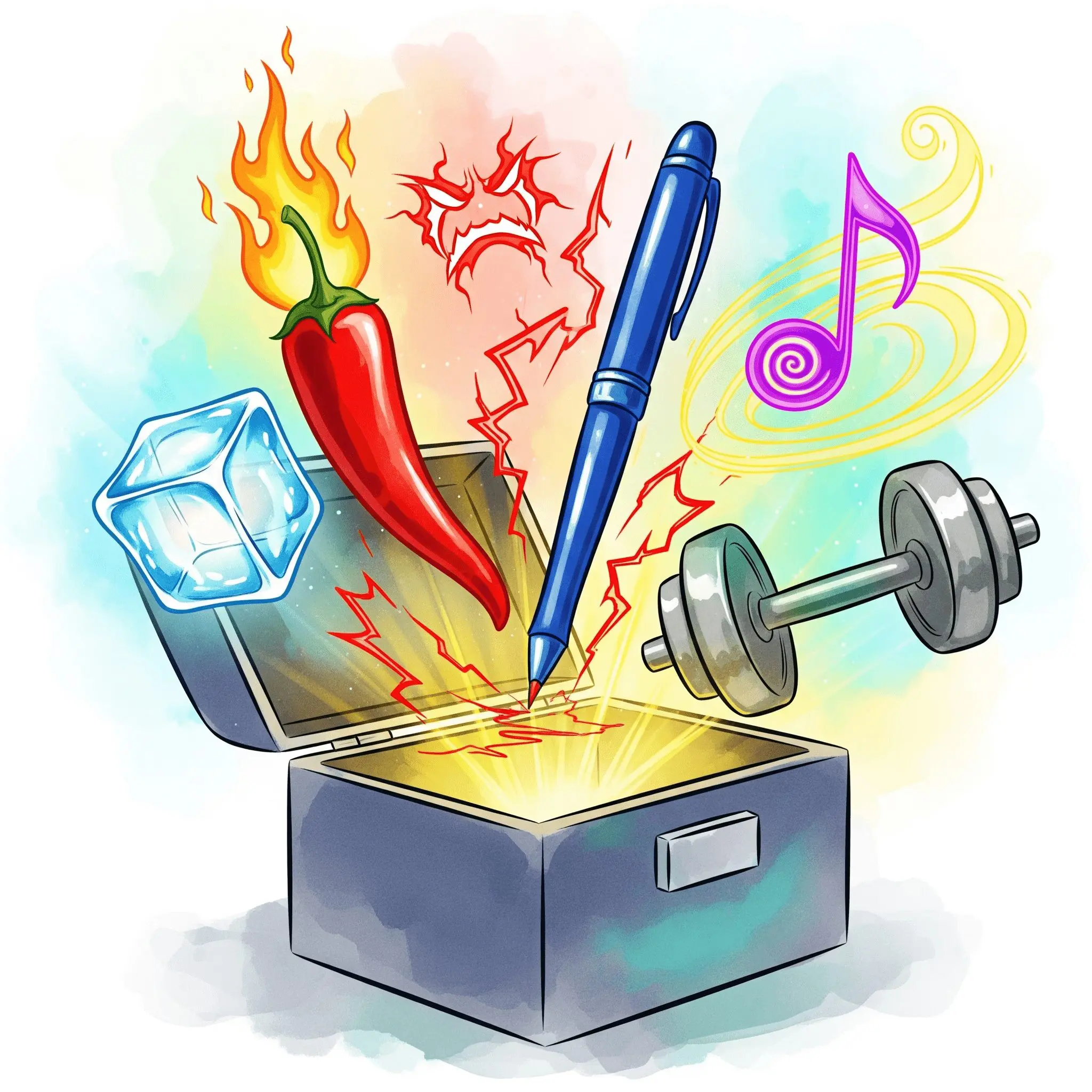 Symbolische Darstellung von DBT-Skills als Werkzeuge, um den Drang zur Selbstverletzung zu bewältigen.