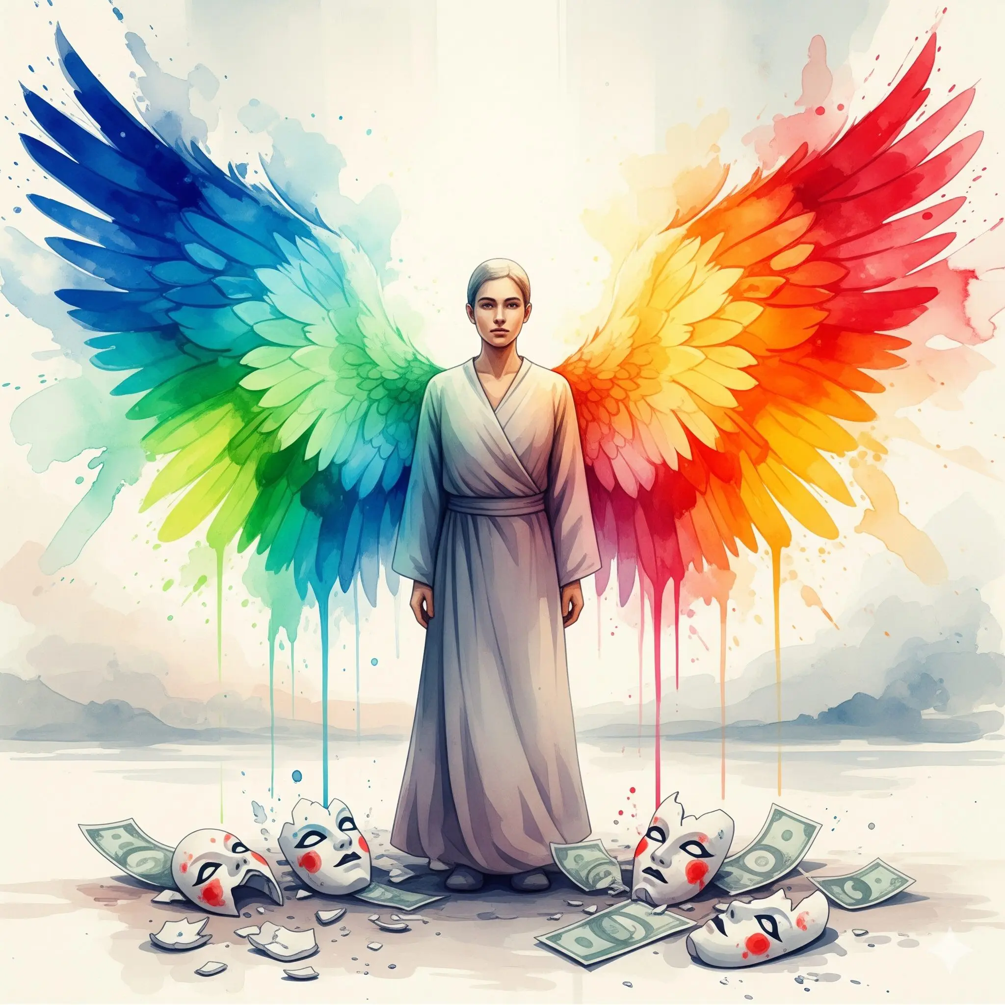 Eine Person, der Flügel wachsen, während zerbrochene Masken und Geldscheine am Boden liegen, als Symbol für die Rückeroberung des Selbstwerts nach transaktionalem Sex.
Bildunterschrift: Deine Vergangenheit definiert nicht deinen Wert. Heilung bedeutet, zu erkennen, dass deine Seele und dein Körper unverkäuflich sind, und dir deine Flügel zurückzuerobern.
