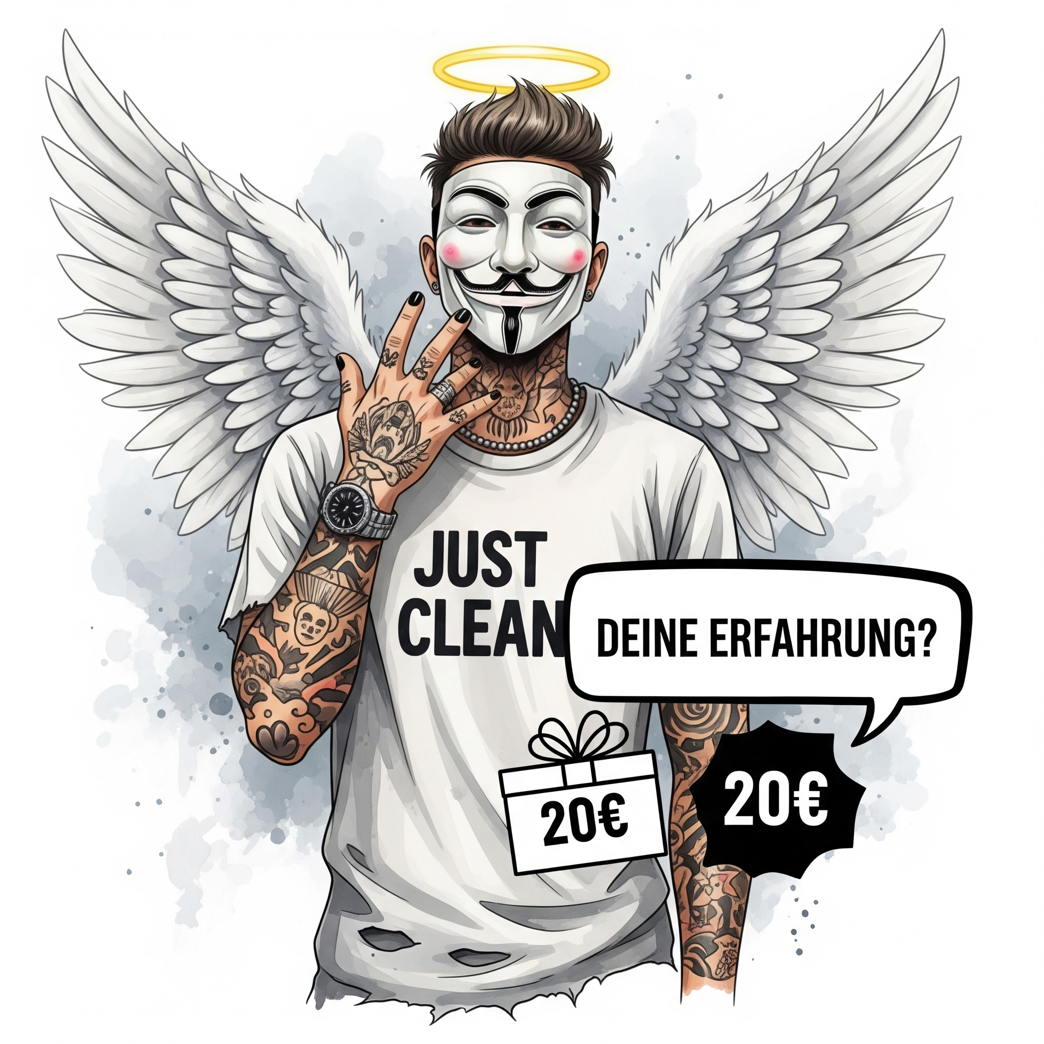 Eine stilisierte Grafik mit einer Sprechblase, in der "Deine Erfahrung?" steht. Daneben ist ein Icon für einen Geschenkgutschein mit der Aufschrift "20€" ". Symbolisiert die Option. "bezahlte Studie Kokain", "Erfahrungen teilen", "UKE Hamburg Studie"