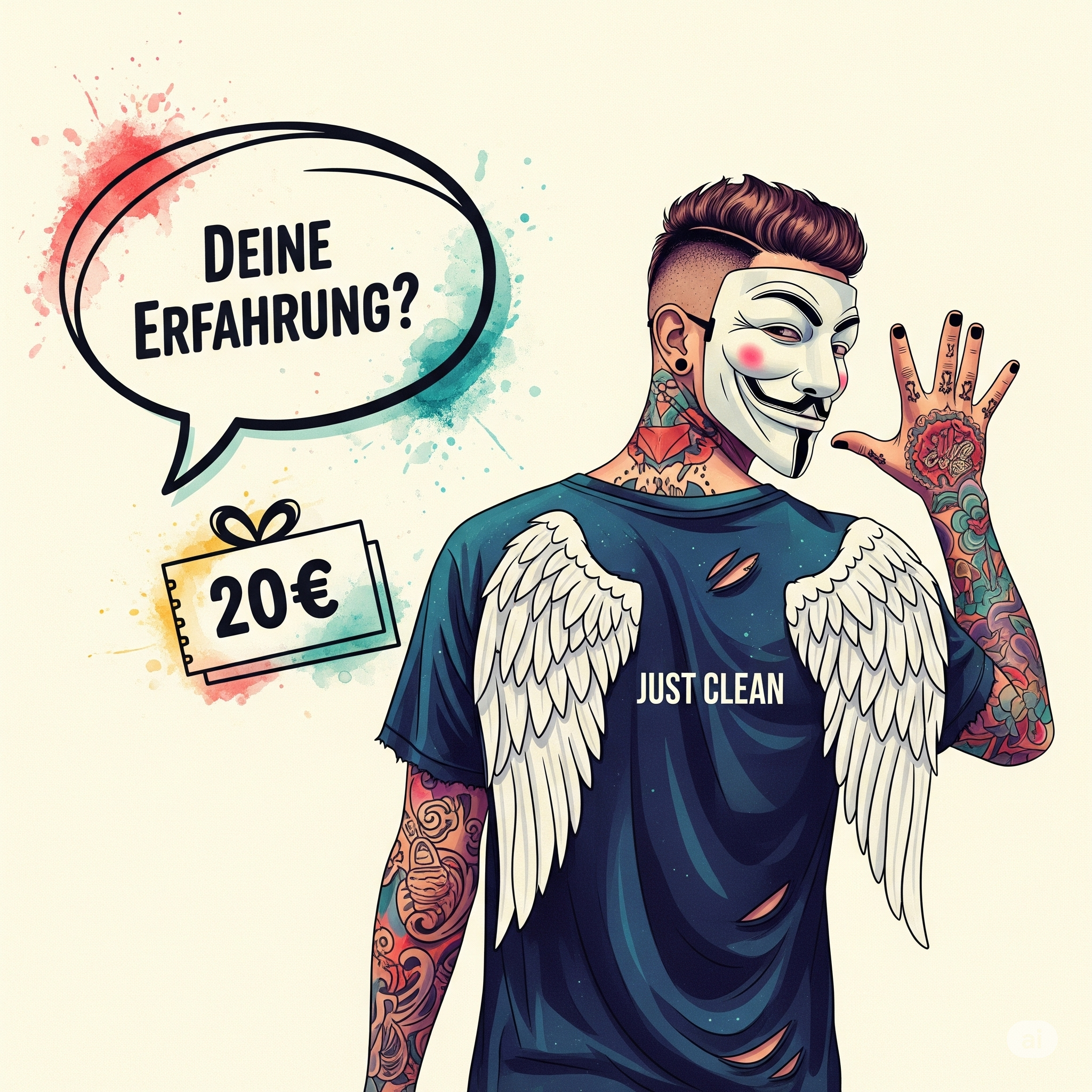 Eine stilisierte Grafik mit einer Sprechblase, in der "Deine Erfahrung?" steht. Daneben ist ein Icon für einen Geschenkgutschein mit der Aufschrift "20€". Symbolisiert die Win-Win-Situation. "bezahlte Studie Kokain", "Erfahrungen teilen", "UKE Hamburg Studie"