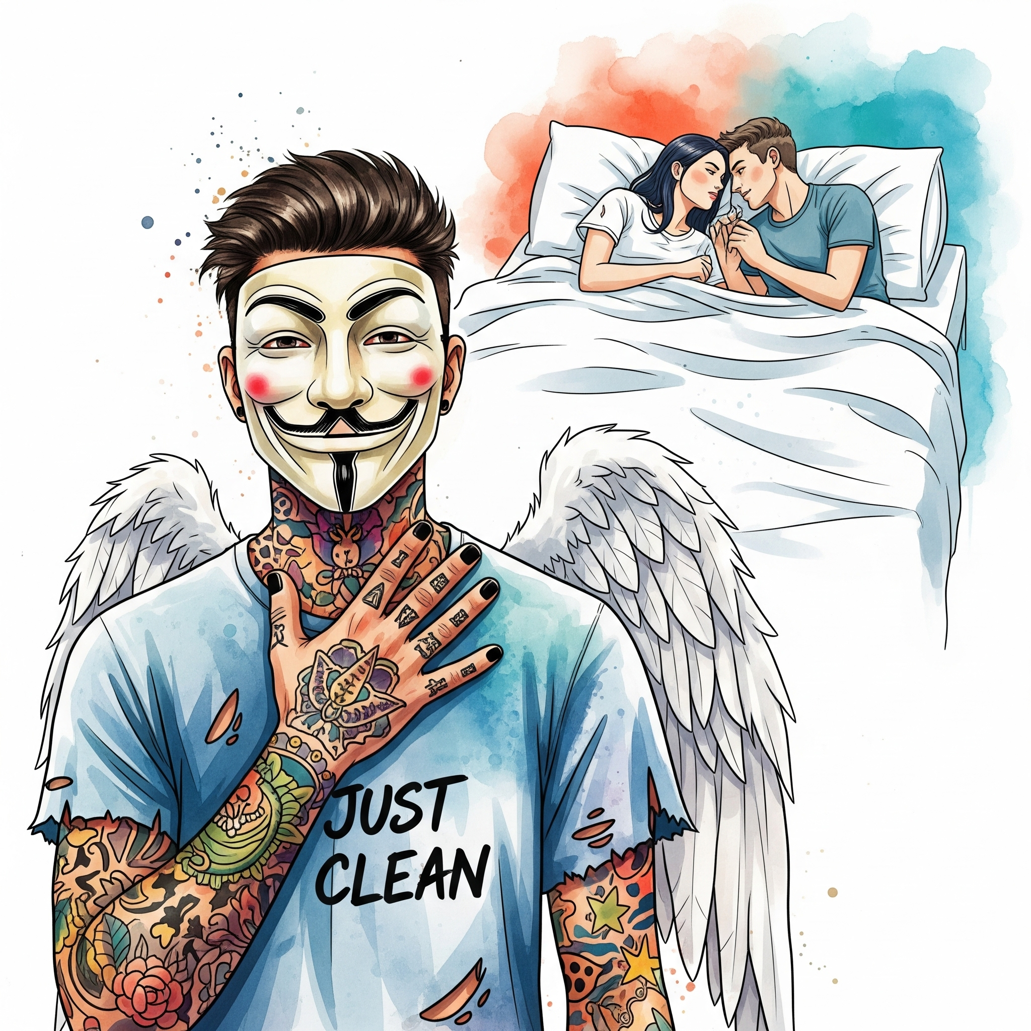 Ein Bild von einem Paar, das im Bett liegt, aber nicht Sex hat, sondern sich nahe ist, kuschelt und offen und verständnisvoll miteinander redet. Die Atmosphäre ist intim und sicher. "offene Kommunikation Beziehung", "über Sex reden", "Intimität ohne Sex"