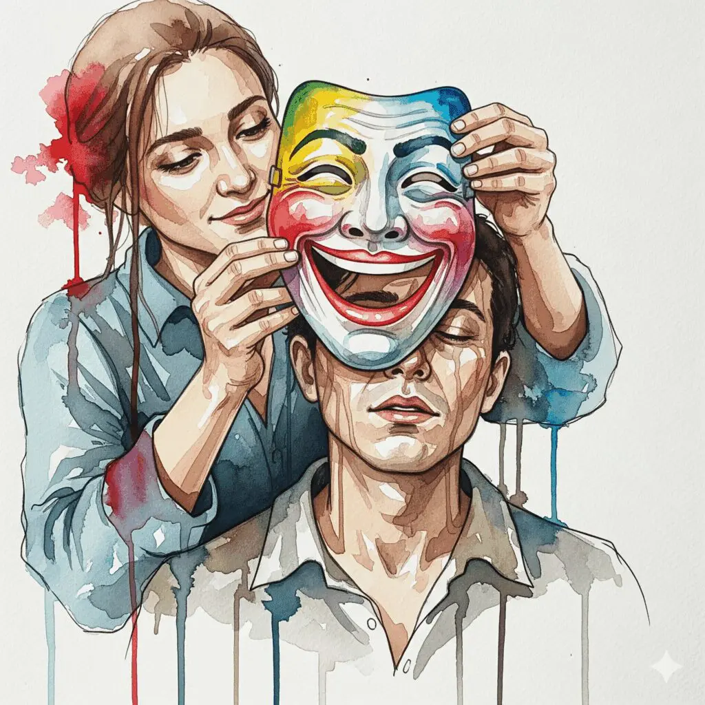 Eine Hand nimmt sanft eine lachende Maske vom Gesicht einer anderen Person, als Symbol für das mitfühlende Ansprechen von versteckter Depression.