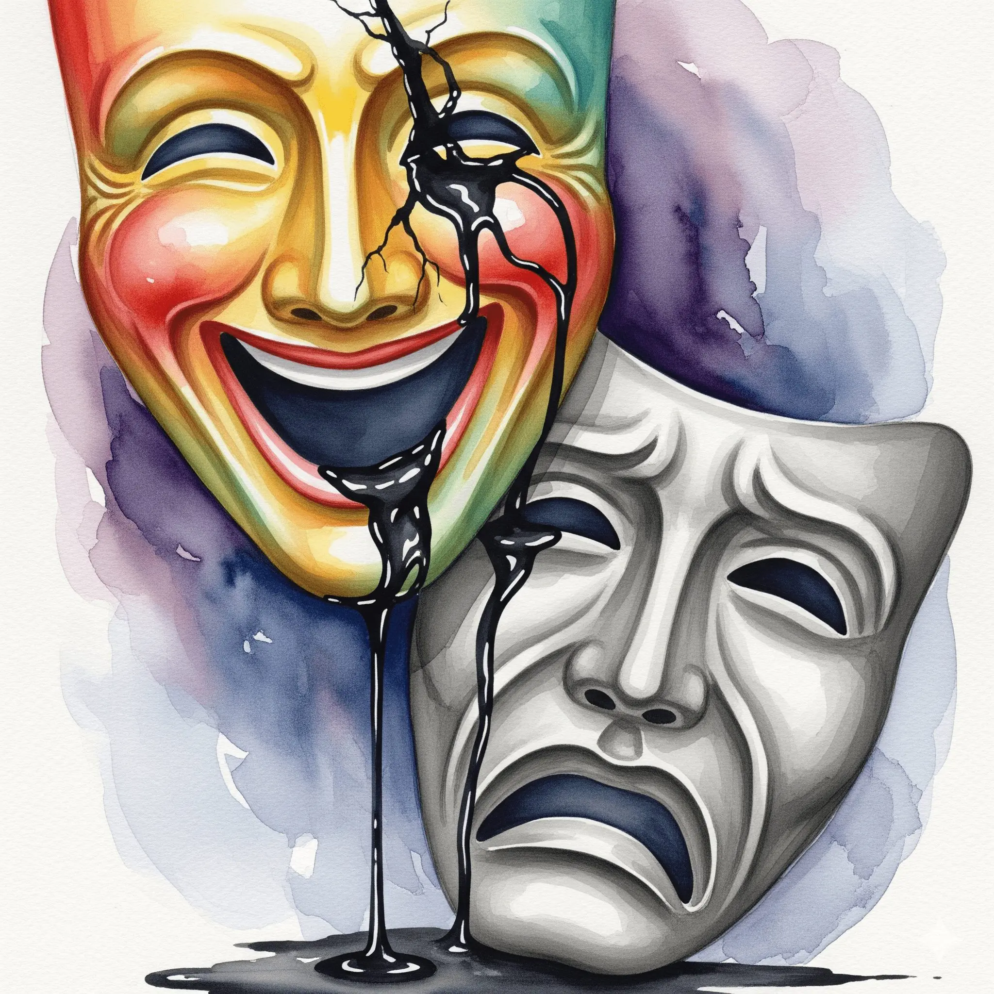Eine lachende Komödien-Maske, die Risse hat und auf eine traurige Tragödien-Maske tropft, als Symbol für die versteckte Trauer bei einer lächelnden Depression.