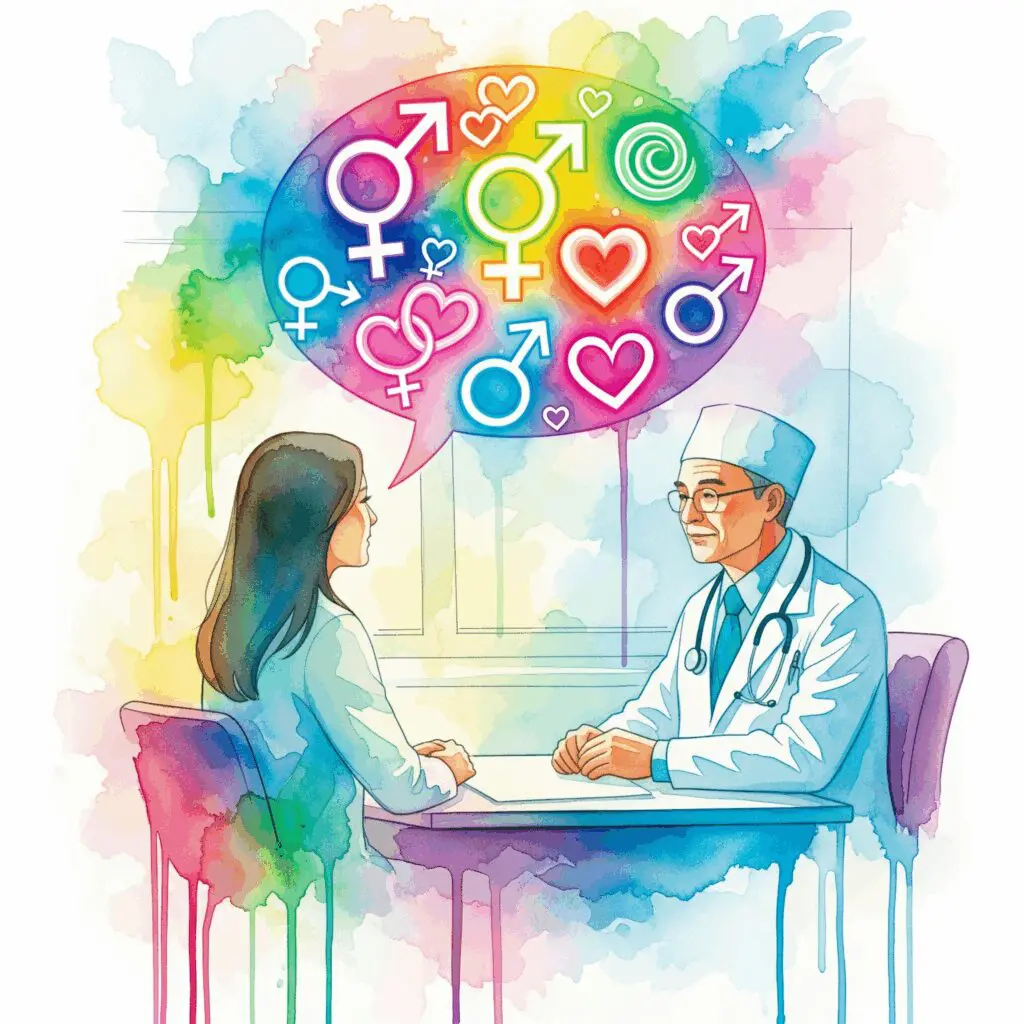 Eine Person spricht mit einem Arzt über sexuelle Probleme, symbolisiert durch Icons in einer Sprechblase, was ein offenes und nicht wertendes Gespräch darstellt.
