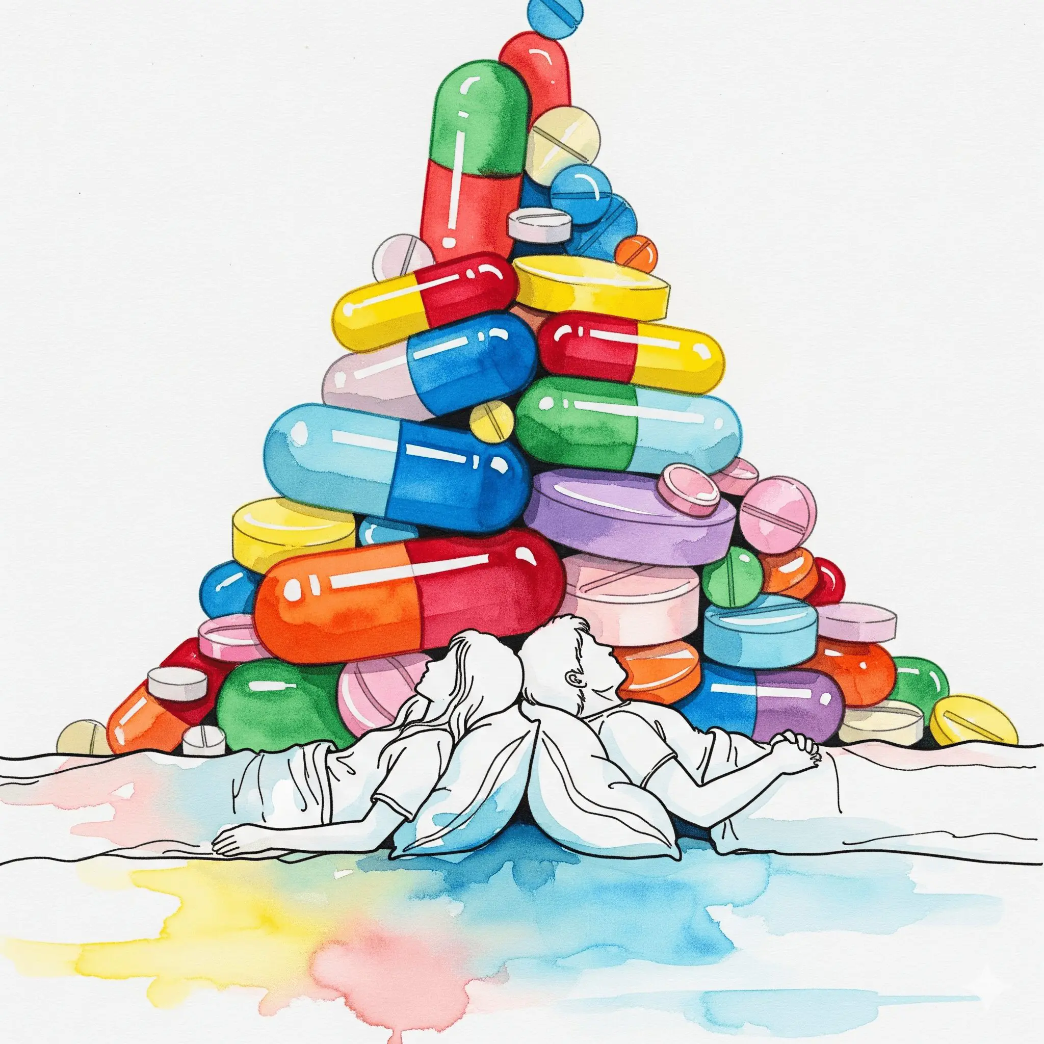 Ein Paar, das im Bett durch eine Mauer aus Pillen getrennt ist, als Symbol für die Beziehungsprobleme, die durch medikamenten-induzierten Libidoverlust entstehen.