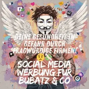 Collage aus verschiedenen Social Media Icons (Instagram, TikTok, etc.) mit kleinen Symbolen für Cannabisblatt, Pilz, bunte Kapseln. Social Media, Werbung, Bubatz, Microdosing, legale Drogen, Online Marketing