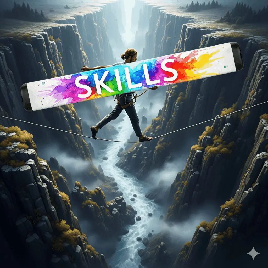 Eine Person balanciert sicher auf einem Drahtseil mit Hilfe einer Stange namens "SKILLS", als Symbol dafür, wie Coping-Strategien in der Recovery Stabilität geben.