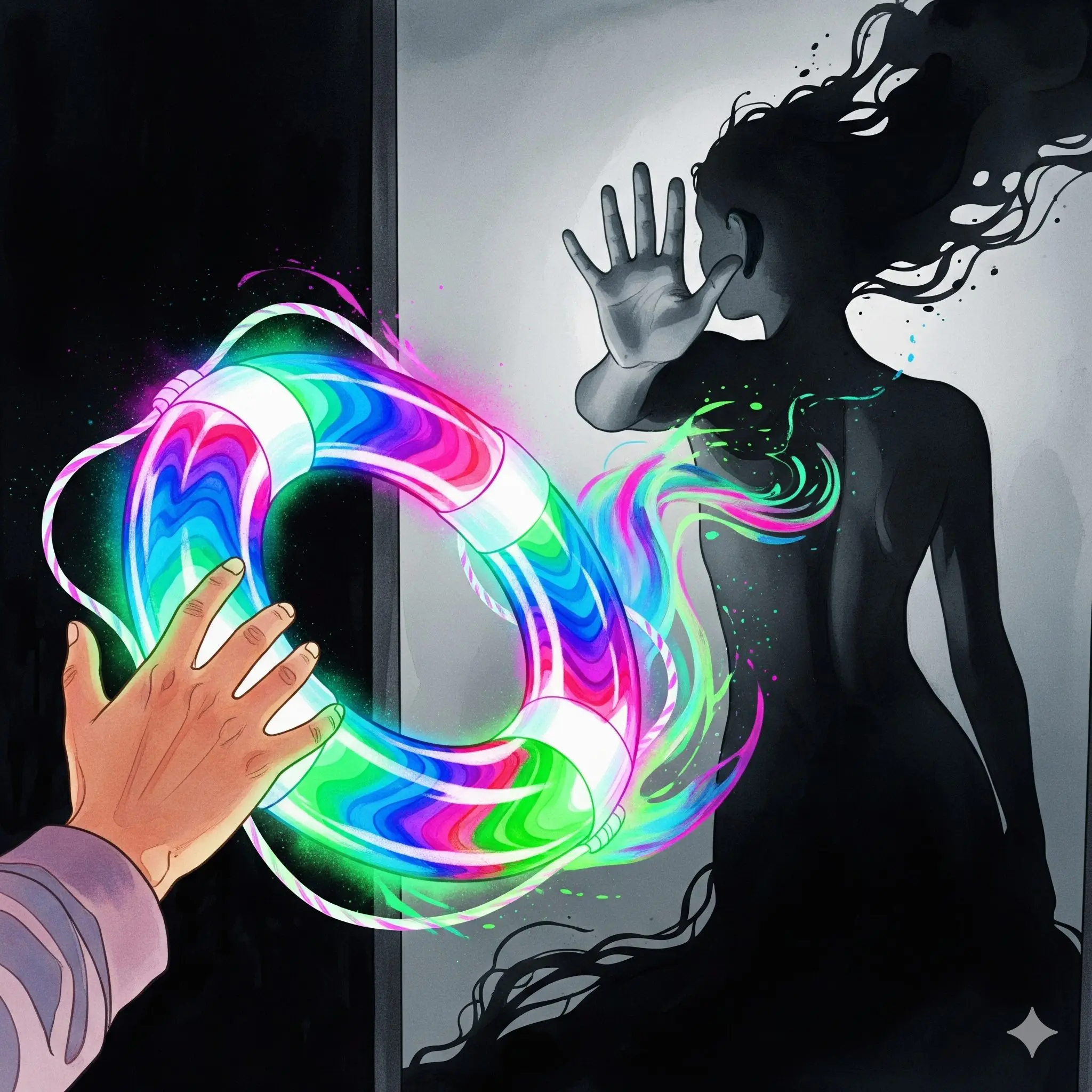 Eine Person, die sich im Spiegel selbst Hilfe anbietet, aber vom Spiegelbild zurückgewiesen wird, als Symbol für den inneren Widerstand gegen die Anwendung von Skills.