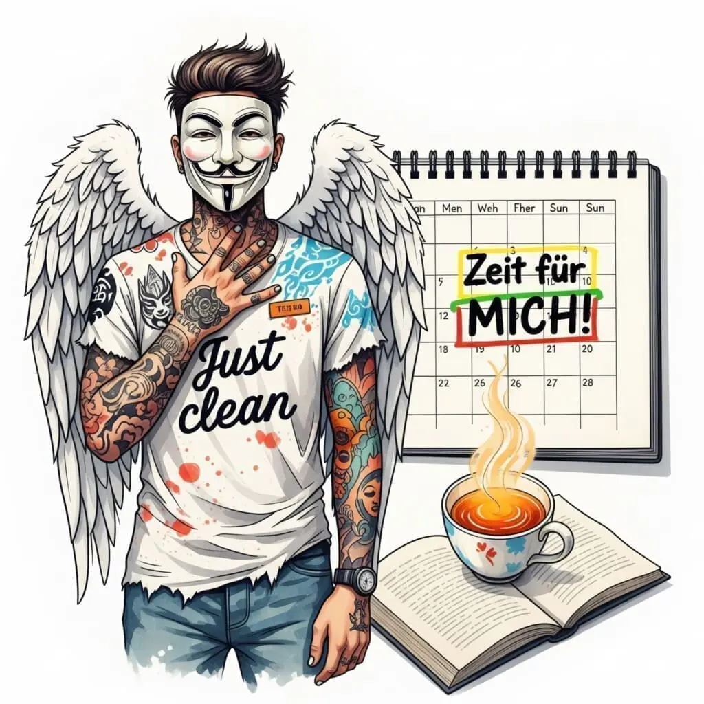 Ein Kalenderblatt mit einem farbig markierten und blockierten Zeitfenster mit der Aufschrift "Zeit für MICH!". Daneben eine Tasse Tee und ein Buch. Symbolisiert das bewusste Einplanen von Selbstfürsorge. "Zeit für mich nehmen", "Selbstfürsorge planen", "Sorgen-freie Zone"