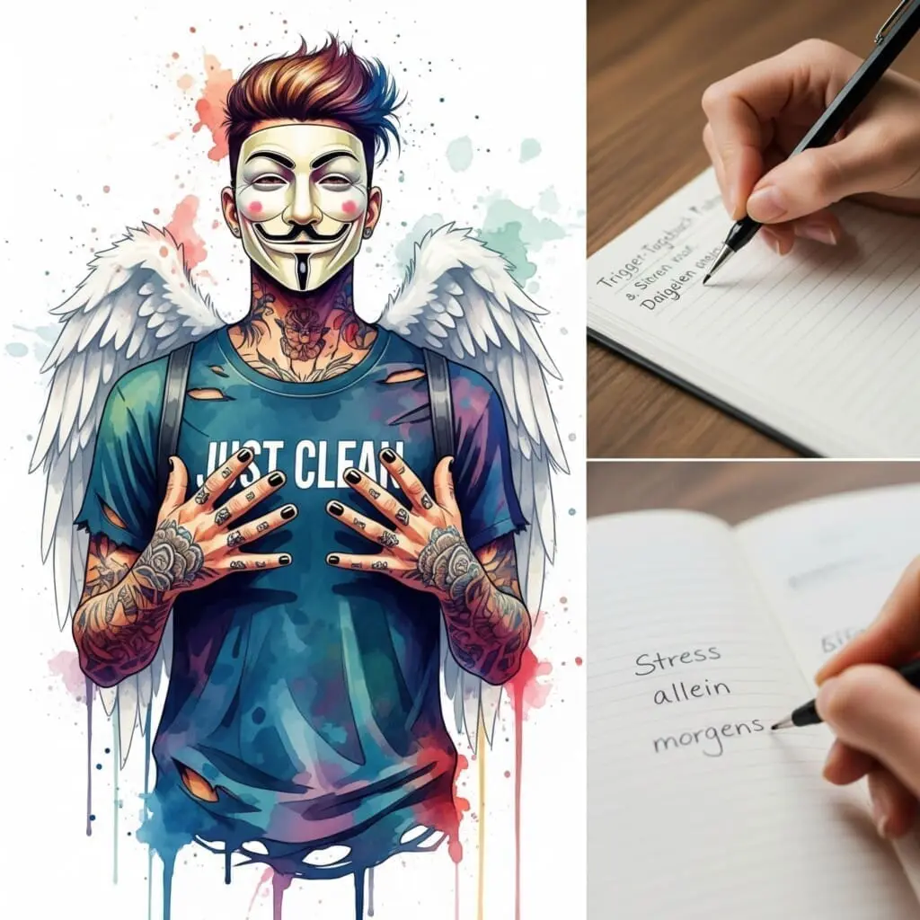 Eine Nahaufnahme einer Person, die in ein Notizbuch schreibt. Die Seite hat Stichworte wie "Stress", "allein", "morgens" enthalten. Symbolisiert das Führen des Trigger-Tagebuchs. "Trigger-Tagebuch führen", "Suchtmuster erkennen", "Selbstreflexion"