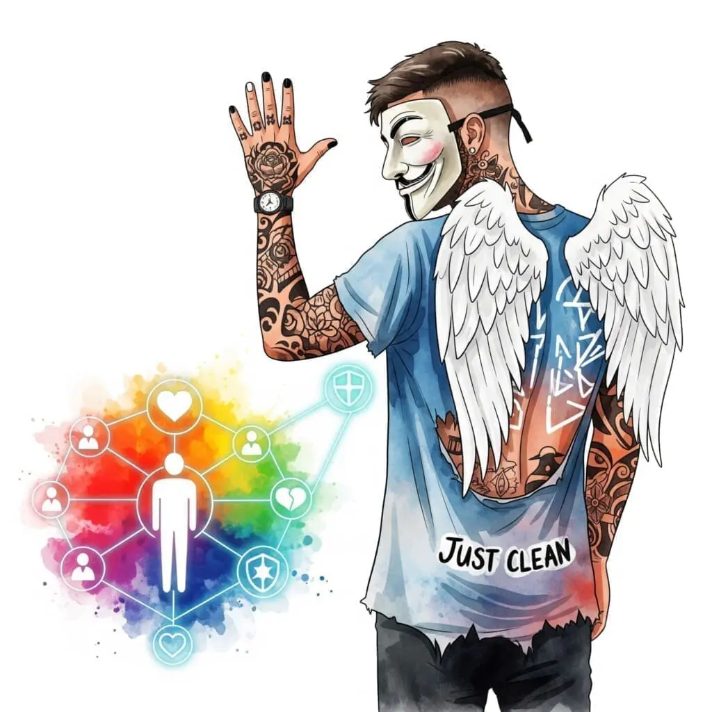 Eine stilisierte Grafik einer Person, die in der Mitte steht und von leuchtenden Linien mit anderen Menschen und Symbolen (Herz, Schild) verbunden ist. Symbolisiert ein starkes Support-Netzwerk. "Support-Netzwerk bei Sucht", "Hilfe annehmen", "soziale Unterstützung"