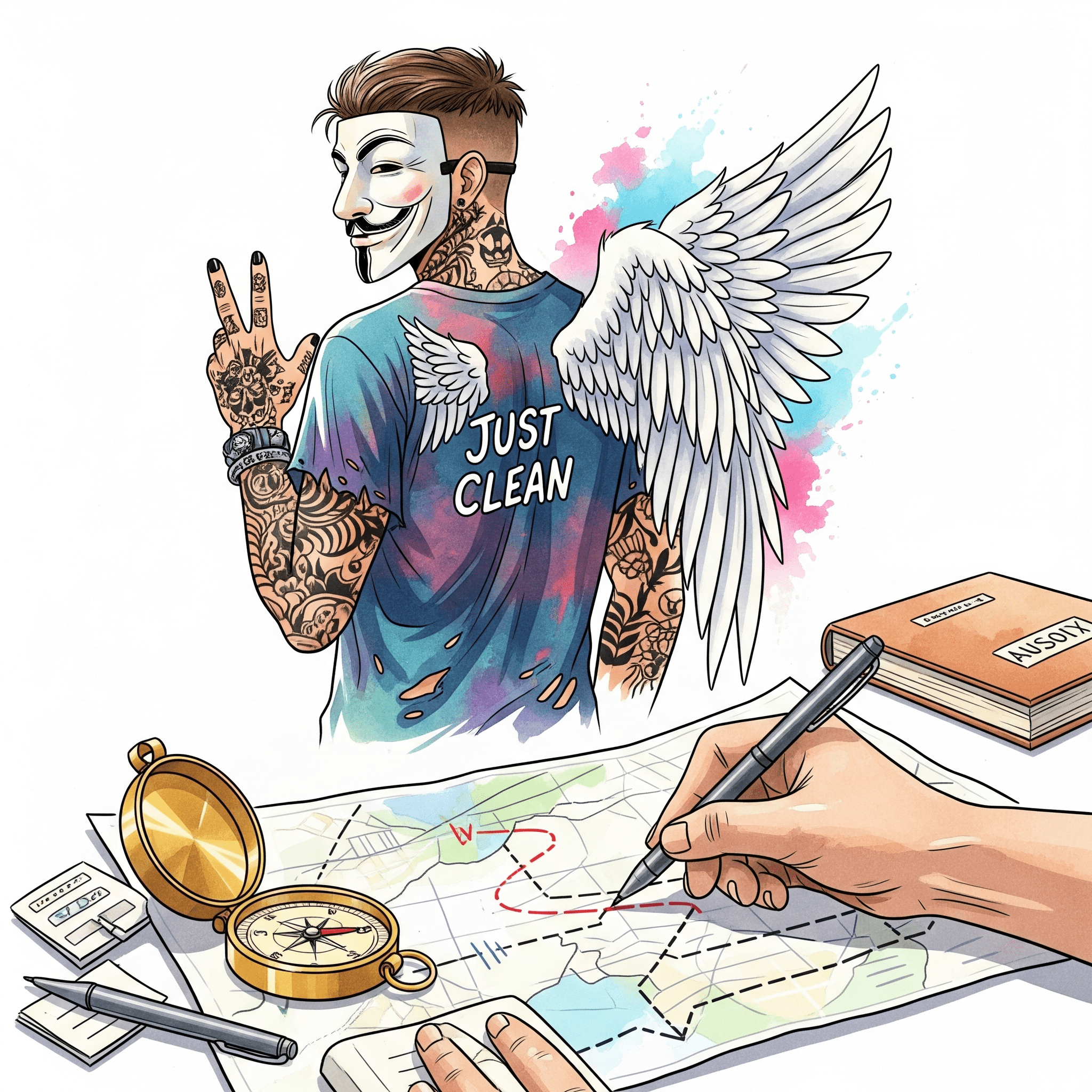 Eine Person zeichnet mit einem Stift auf einer leeren Landkarte einen Weg ein. Vor ihr liegen ein Kompass und ein Notizbuch. Symbolisiert das Planen der Zukunft. "Recovery planen", "nächste Schritte festlegen", "Zukunft nach dem Entzug"