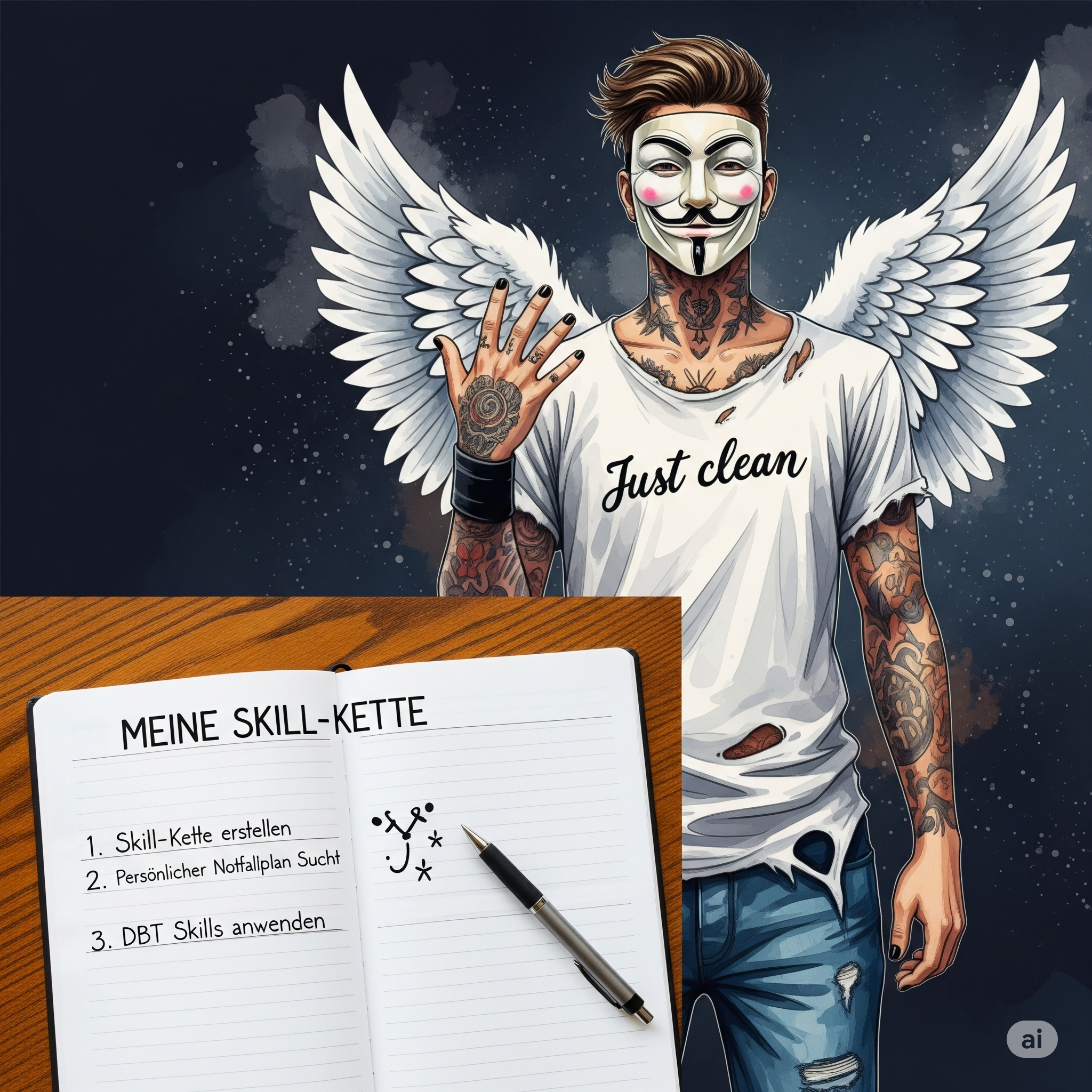 Ein reales Foto einer ansprechend gestalteten Karteikarte. Mit handschriftlicher, klarer Schrift steht oben "MEINE SKILL-KETTE". Darunter sind drei Schritte aufgelistet, vielleicht mit kleinen Symbolen daneben. Die Karte liegt auf einem Holztisch. "Skill-Kette erstellen", "persönlicher Notfallplan Sucht", "DBT Skills anwenden"