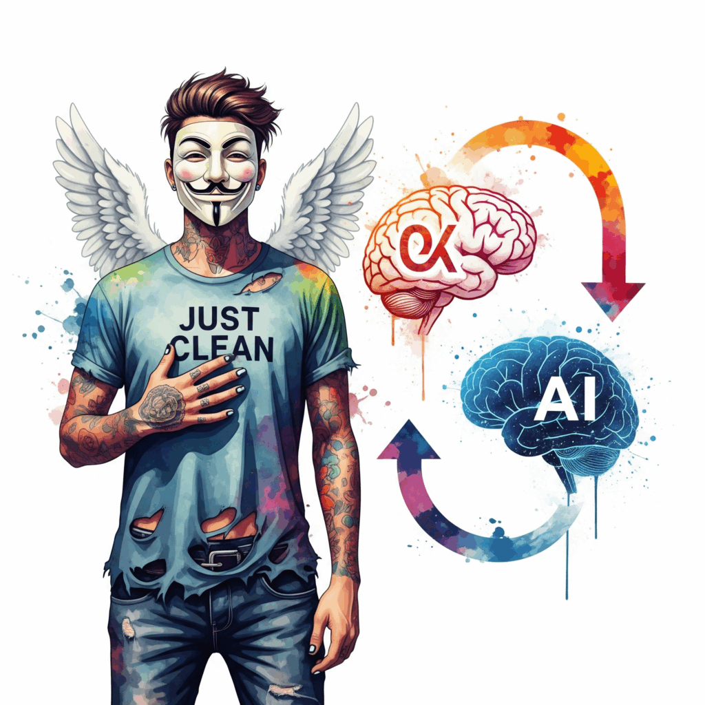 Eine Grafik, die ein menschliches Gehirn 🧠 und ein digitales KI-Gehirn 🤖 zeigt. Zwischen beiden fließen Pfeile hin und her, die ineinandergreifen und zusammenarbeiten, nicht konkurrieren. Symbolisiert die Symbiose. "Mensch und KI Zusammenarbeit", "KI als Werkzeug", "Authentizität"
