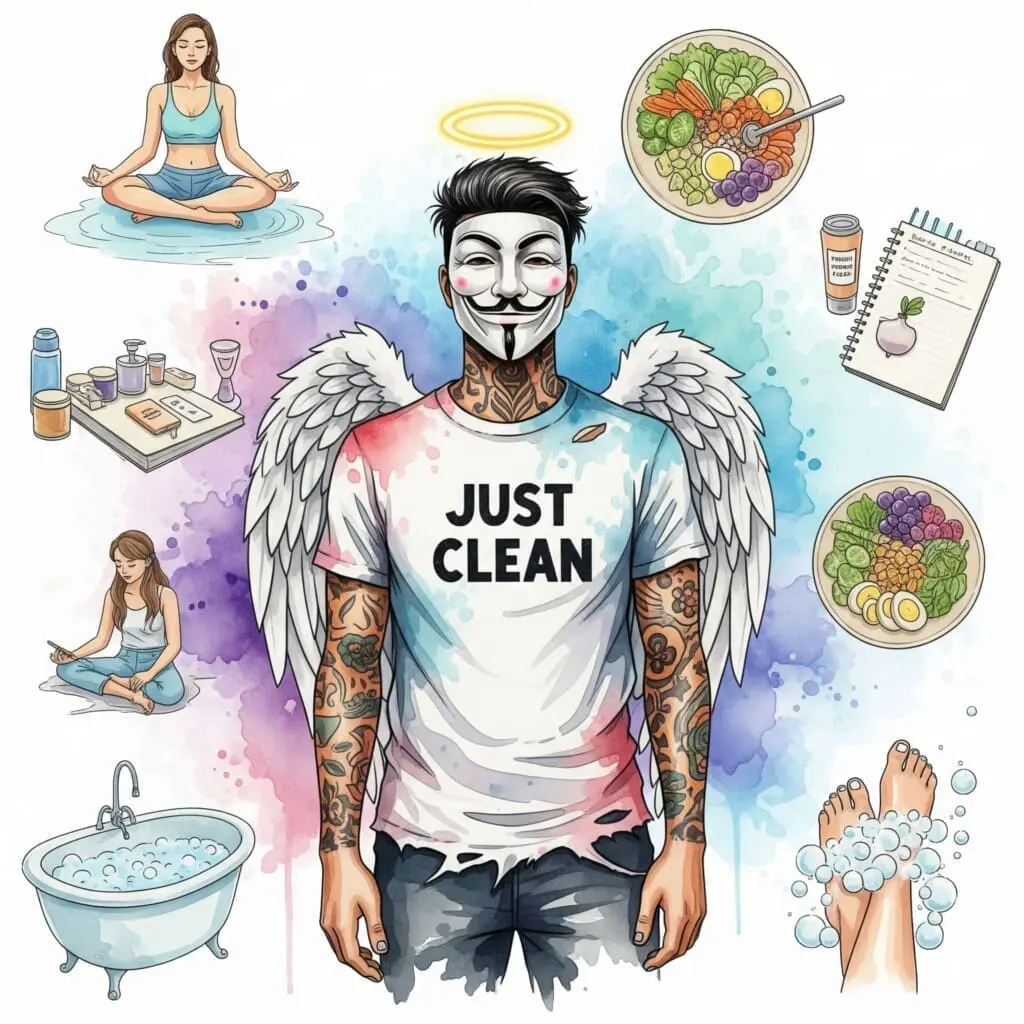 Eine Collage aus verschiedenen Selbstfürsorge-Aktivitäten: eine Person beim Meditieren, eine gesunde bunte Mahlzeit, jemand der in ein Tagebuch schreibt, Füße in einem Schaumbad. Symbolisiert die Vielfalt von Self-Care. "Selbstfürsorge Ideen", "Self-Care bei Sucht", "psychische Gesundheit"