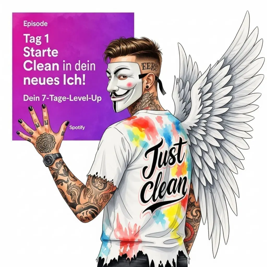 Eine stilisierte Grafik, die an den Startbildschirm eines Spotify Podcast erinnert, mit den Worten "Tag 1: Starte Clean" und "in Dein neues Ich". Symbolisiert den Beginn eines neuen Abenteuers. Keywords für Alt-Text: "clean werden starten", "neues Leben beginnen", "7-Tage-Workshop Sucht"