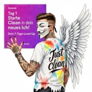 Eine stilisierte Grafik, die an den Startbildschirm eines Spotify Podcast erinnert, mit den Worten "Tag 1: Starte Clean" und "in Dein neues Ich". Symbolisiert den Beginn eines neuen Abenteuers. Keywords für Alt-Text: "clean werden starten", "neues Leben beginnen", "7-Tage-Workshop Sucht"