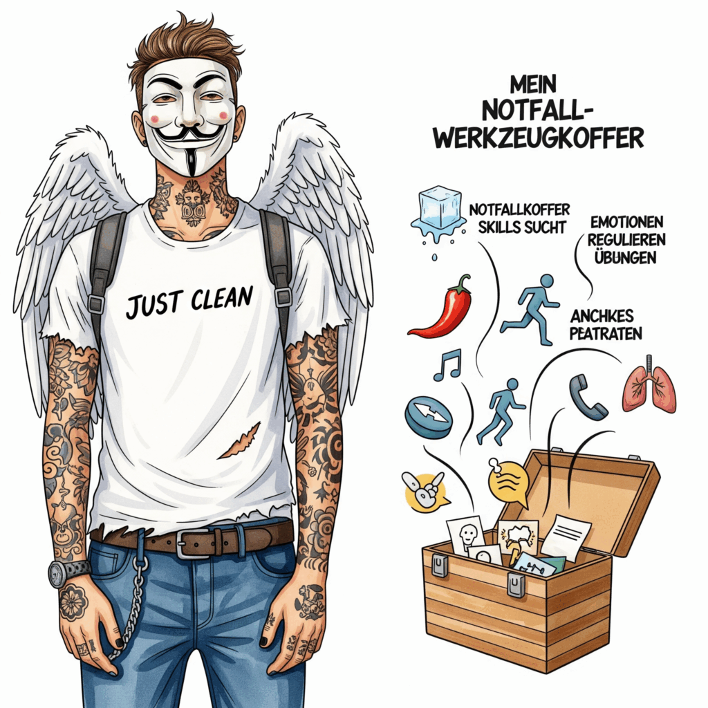 Eine visuell ansprechende Infografik, die einen offenen Werkzeugkoffer zeigt. Aus dem Koffer kommen verschiedene Icons, die die Skills symbolisieren: ein Eiswürfel, eine Chilischote, ein laufendes Männchen, ein Telefon, eine Musiknote und eine Lunge. Der Koffer trägt die Aufschrift "Mein Notfall-Werkzeugkoffer". "Skills-Liste gegen Suchtdruck", "Notfallkoffer Skills Sucht", "Emotionen regulieren Übungen