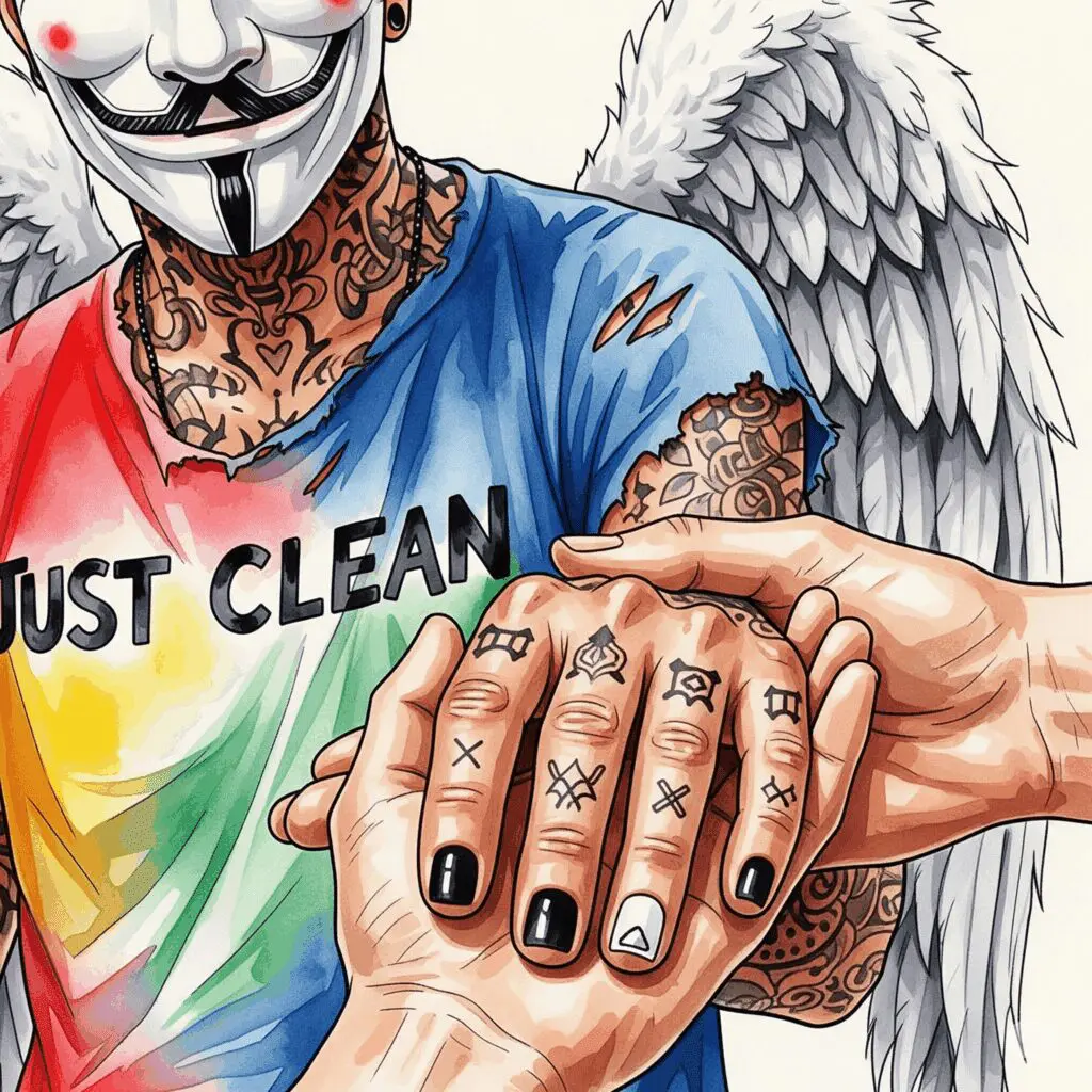 Eine emotionale, aber hoffnungsvolle Aufnahme. Eine Hand, die leicht zerkratzt oder strapaziert aussieht, wird von einer sauberen, ruhigen Hand sanft gehalten. Der Hintergrund ist unscharf, der Fokus liegt rein auf der Geste der Unterstützung. "Hilfe bei Sucht", "Unterstützung Drogenproblem", "gemeinsam aus der Sucht"