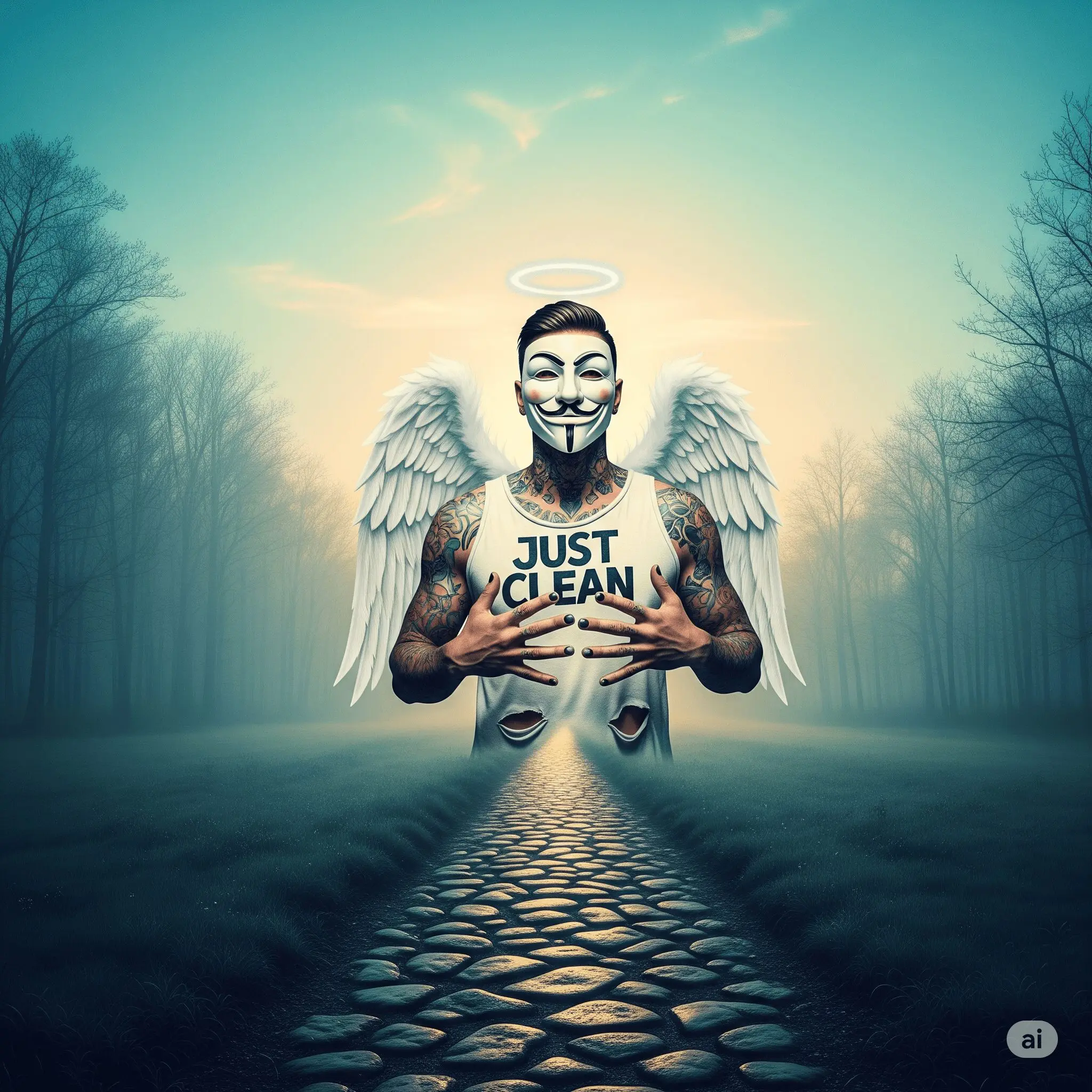 Eine kraftvolle Landschaftsaufnahme. Ein schmaler, steiniger Pfad beginnt in einem dunklen, nebligen Wald und führt sichtbar auf eine weite, sonnendurchflutete Ebene mit klarem Himmel zu. "Weg aus der Sucht", "Genesungsprozess", "clean werden"