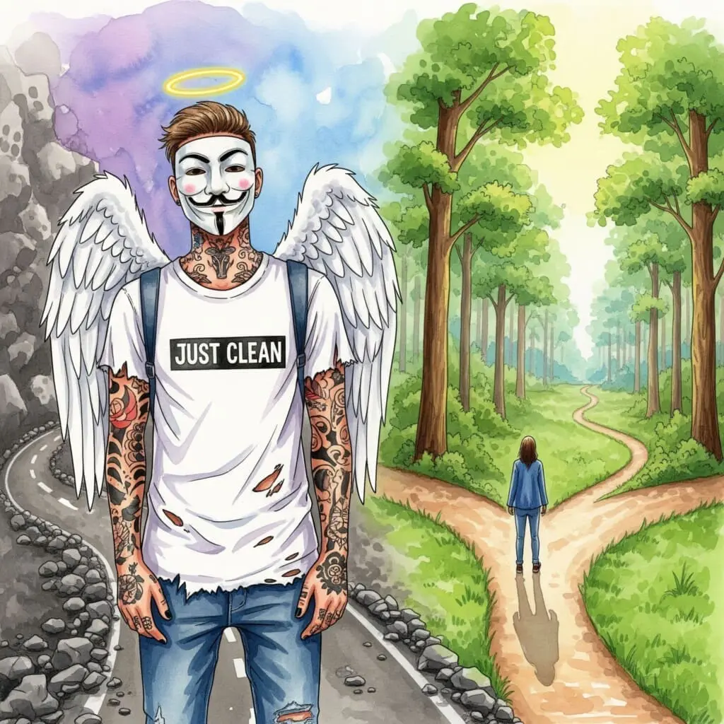 Eine Person steht an einer Weggabelung. Ein Weg ist steinig und dunkel, der andere ist ein heller, freundlicher Waldweg. Die Person wählt bewusst den hellen Weg. Symbolisiert die bewusste Entscheidung für neue Wege. "bewusste Entscheidung treffen", "gesunde Alternativen wählen", "neuer Weg im Leben"