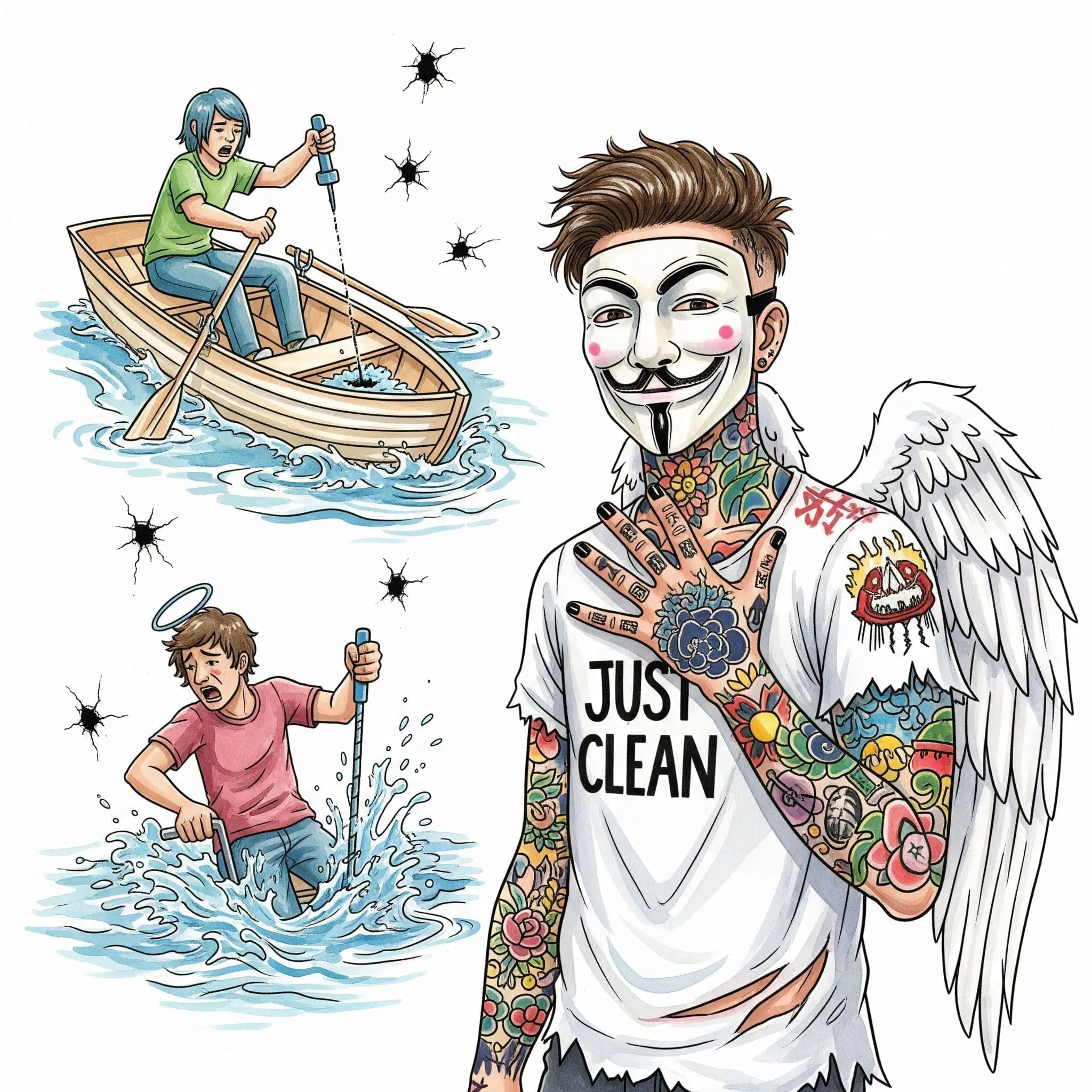 Eine stilisierte Grafik von zwei Personen in einem sinkenden Ruderboot. Eine Person schöpft panisch Wasser, während die andere passiv ist oder Löcher bohrt. Symbolisiert die Co-Abhängigkeits-Dynamik. "Co-Abhängigkeit Sucht", "erschöpft vom Helfen", "toxische Beziehung"