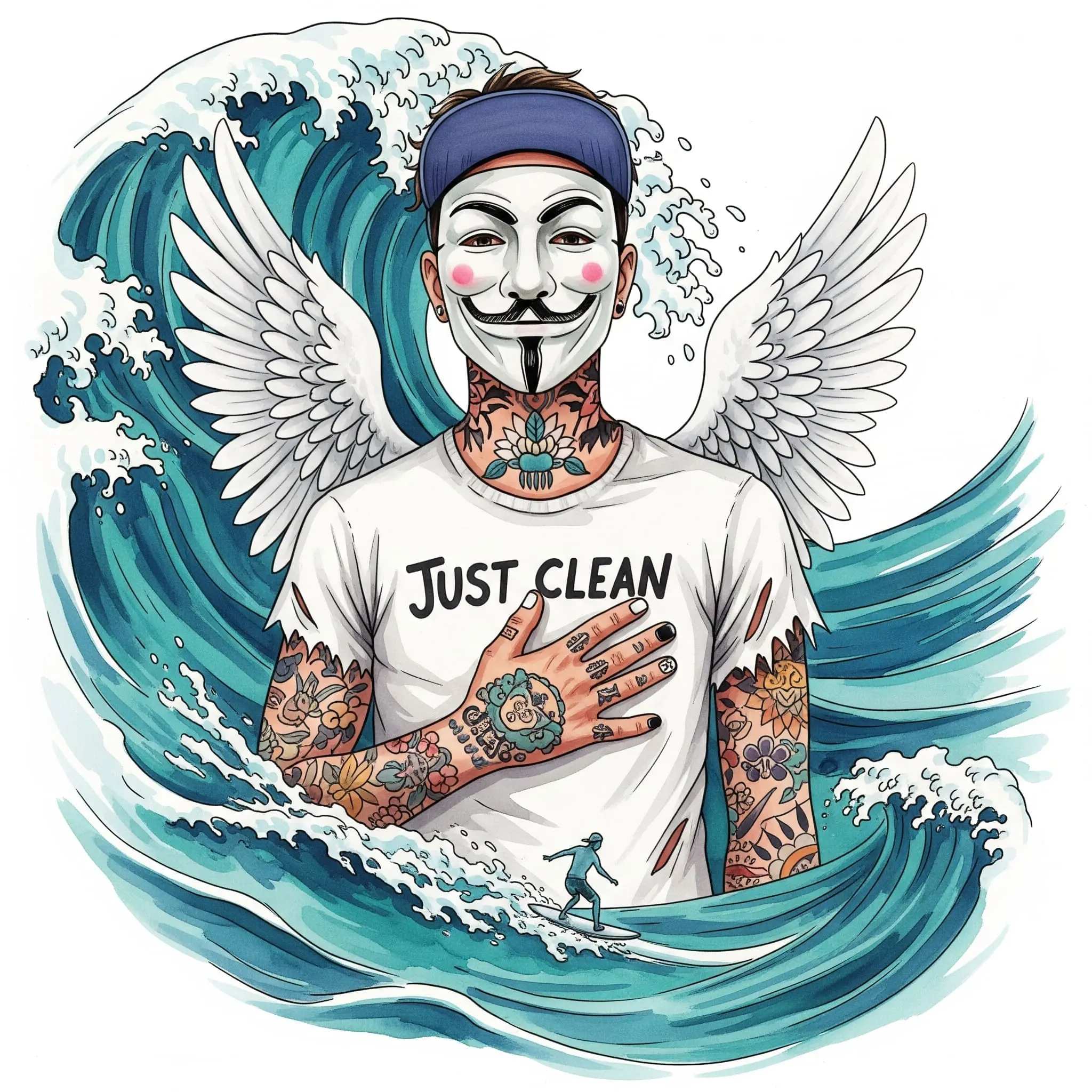 Eine stilisierte Grafik einer Welle. Eine kleine Figur surft oben auf der Welle, anstatt von ihr überrollt zu werden. Symbolisiert die "Urge Surfing"-Technik. "Craving bewältigen", "die Welle reiten", "Suchtdruck aushalten"