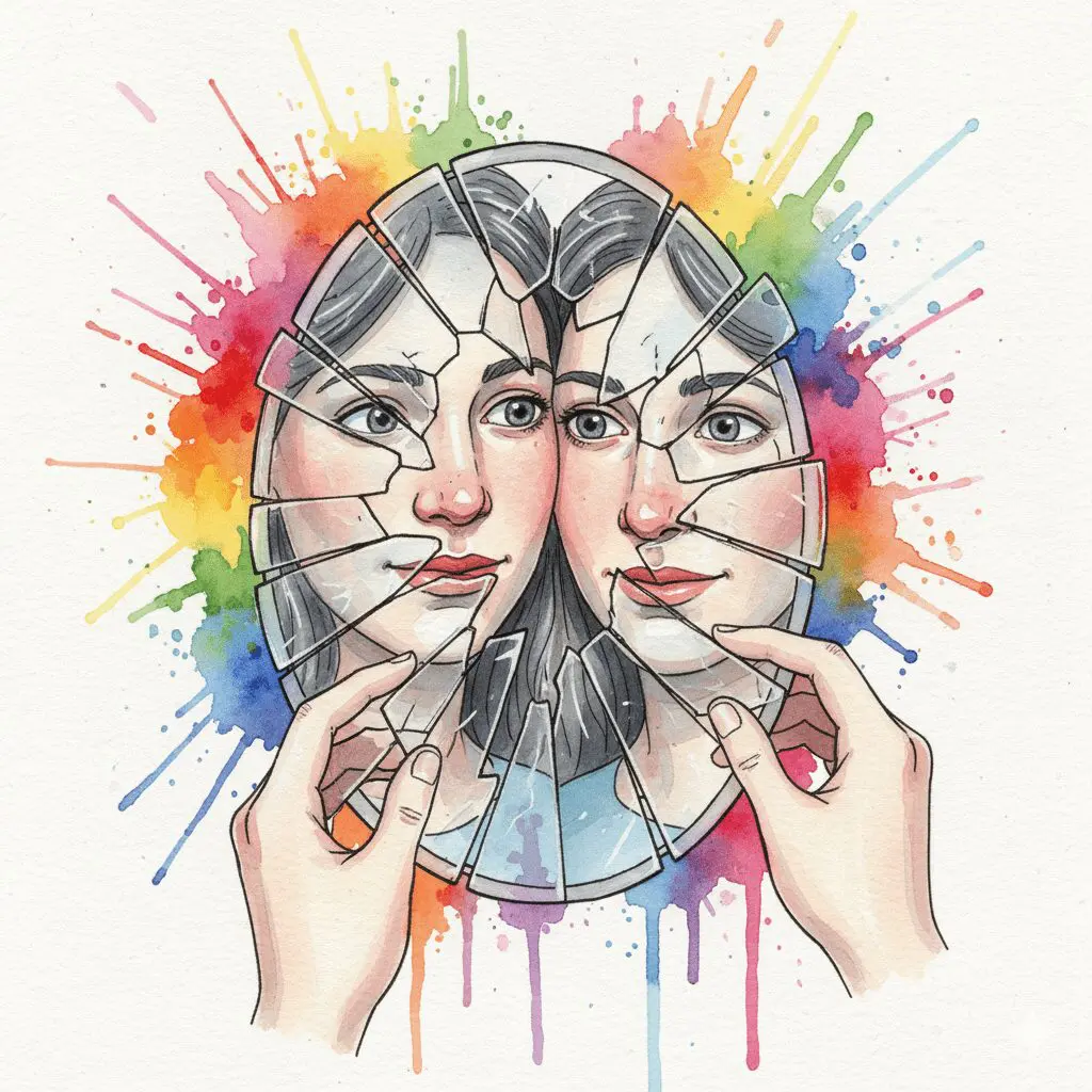 Eine Person, die ihr eigenes, zersplittertes Spiegelbild wieder zusammensetzt, als Symbol für die Integration und Heilung von dissoziativen Anteilen.