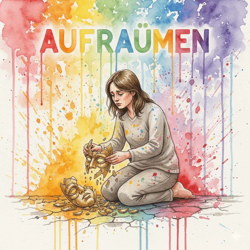 Eine Person, die demütig die Scherben einer goldenen Maske zusammenkehrt, als Symbol für das schmerzhafte, aber notwendige Zerbrechen des Egos in der Recovery.