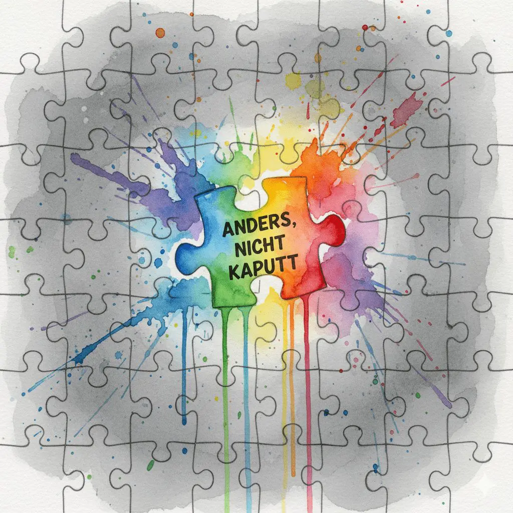 Ein buntes, anders geformtes Puzzleteil passt perfekt in ein graues Puzzle, als Symbol für die Akzeptanz und Stärke von Neurodiversität.
