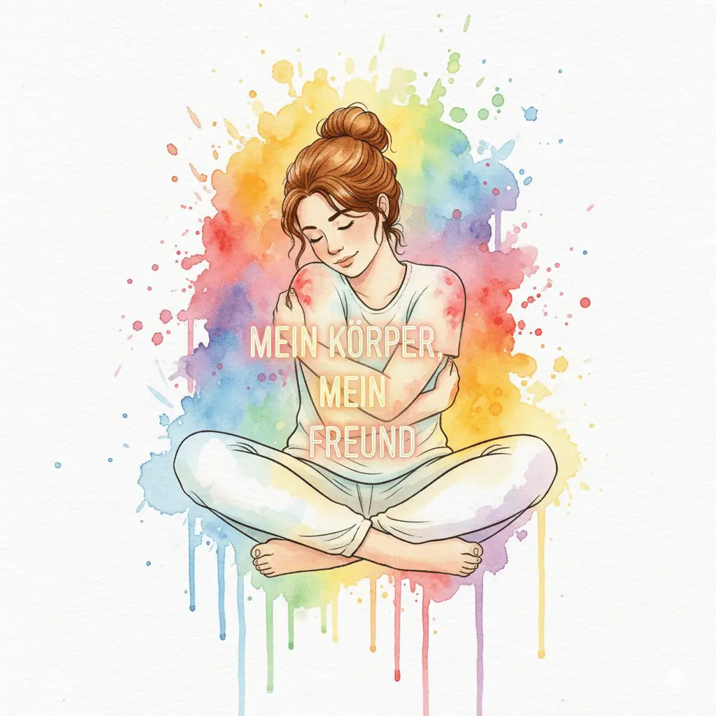 Eine Person, die ihren eigenen Körper umarmt, als Symbol für die Versöhnung und Heilung bei somatoformen Störungen.