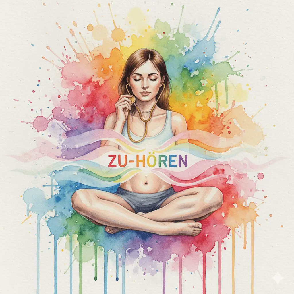 Eine Person, die mit einem Stethoskop auf ihr eigenes Bauchgefühl hört, als Symbol für das Erlernen der Körpersprache bei psychosomatischen Erkrankungen.
